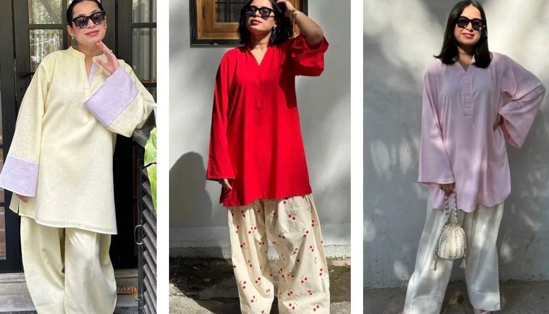 Three Raksha Bandhan dress for girl outfit ideas in pastel yellow, red printed, and soft pink oversized kurta sets