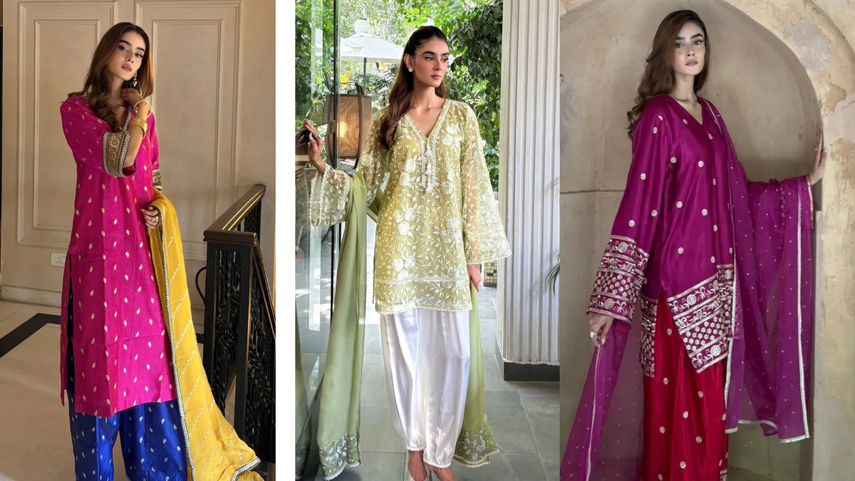 Three festive suit sets from the Pyoor deepavali collection in purple and red gajji silk, rani pink brocade and pastel coral green net