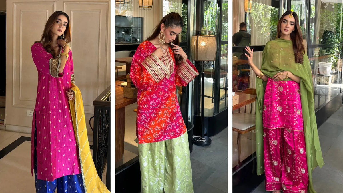 Woman in festive diwali outfits for women, a brocade farshi set styled with a dupatta
