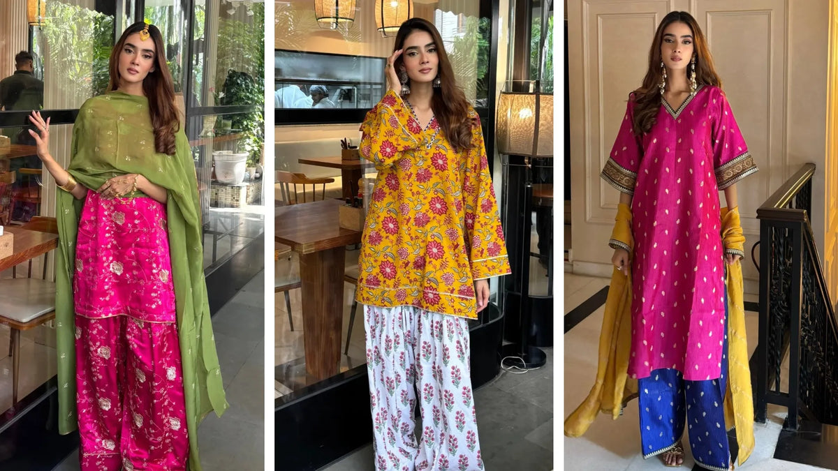 Woman in a festive diwali suit design with farshi salwar and embroidered dupatta