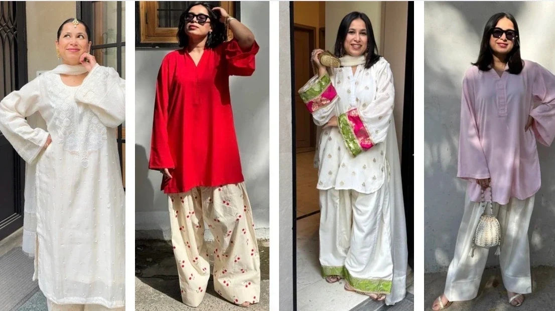 Traditional embroidered farshi suit and contemporary solid Rakhi suit from Pyoor for Raksha Bandhan
