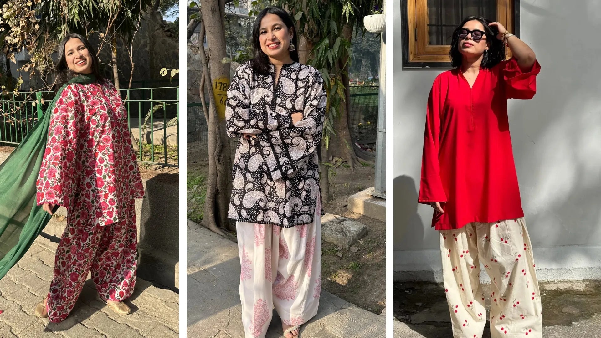 Woman wearing a lightweight pakistani printed suit, cotton farshi salwar set with floral print and dupatta