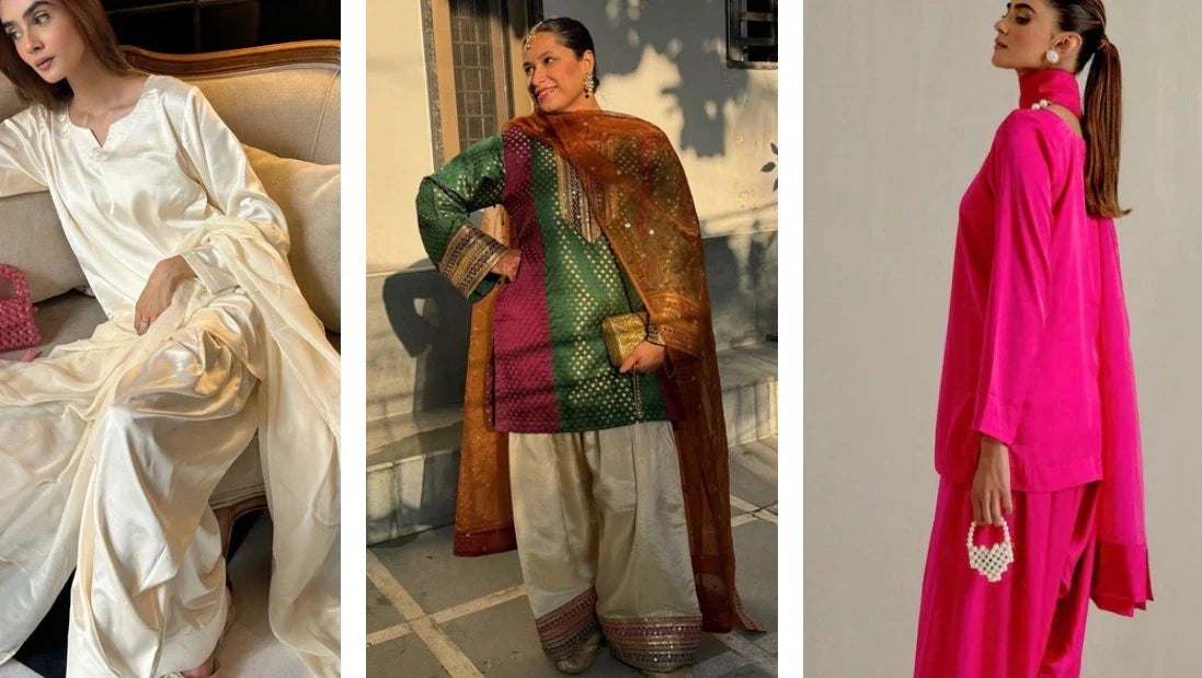 Simple Pakistani suits for women featuring elegant festive ethnic wear with graceful designs, satin fabrics, and stylish dupatta details