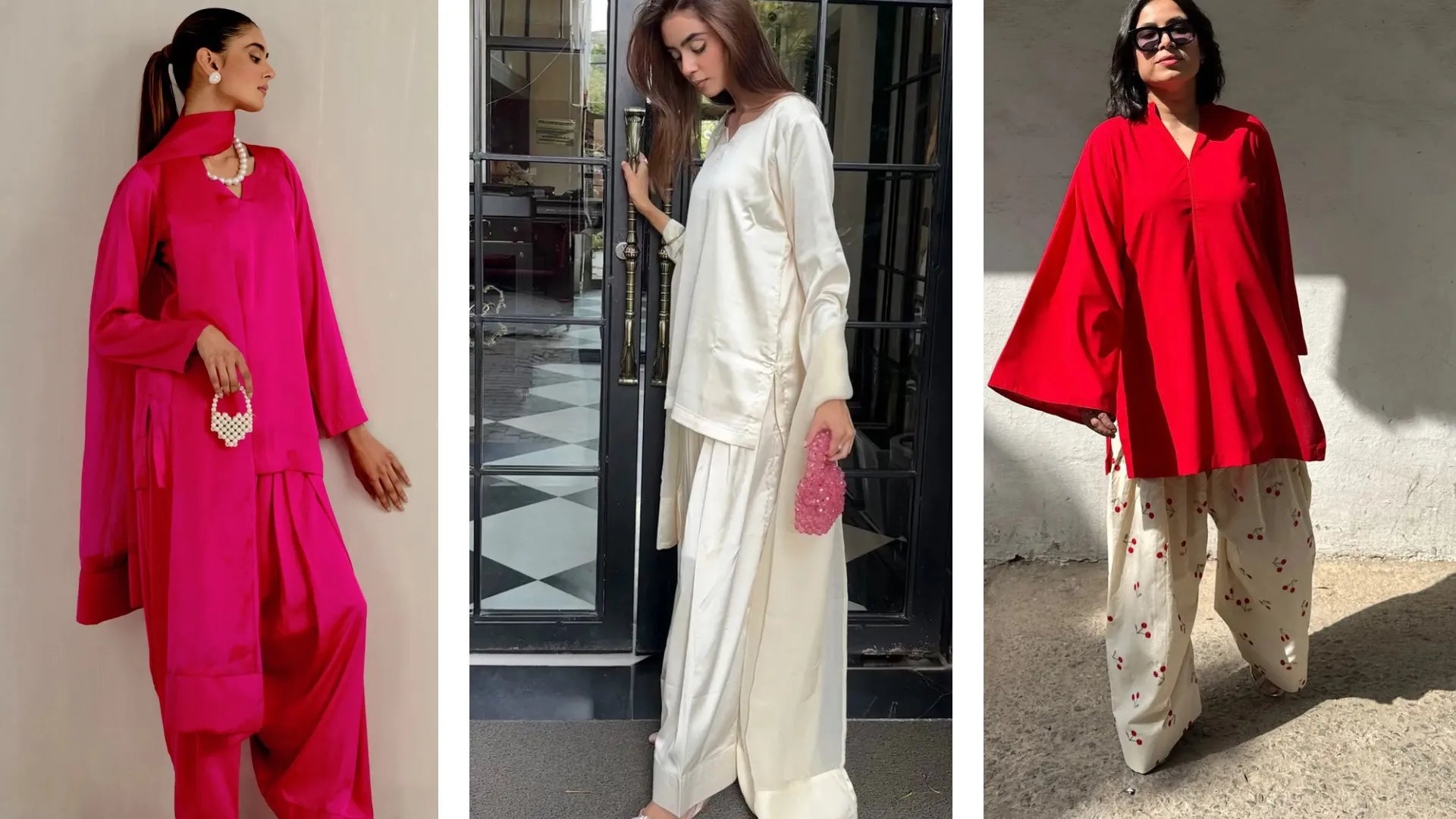 Woman wearing a modern pakistani salwar kameez in a red embroidered farshi set