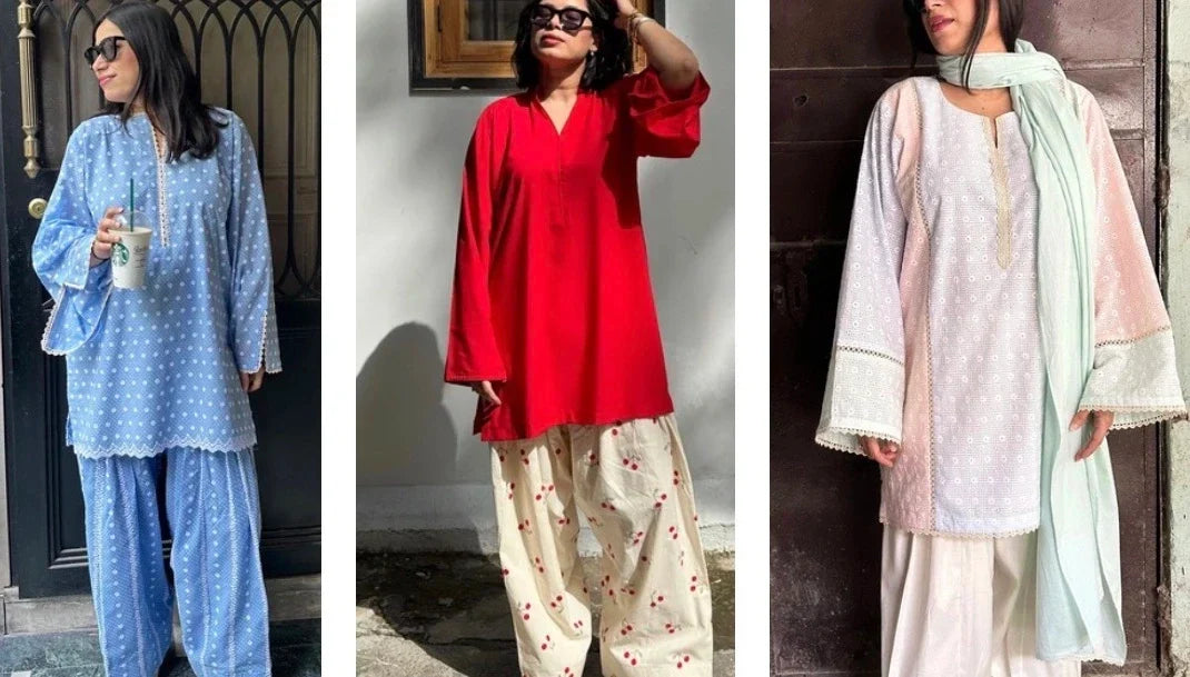 Woman wearing an oversized red farshi suit for women with an embroidered flowing farshi salwar