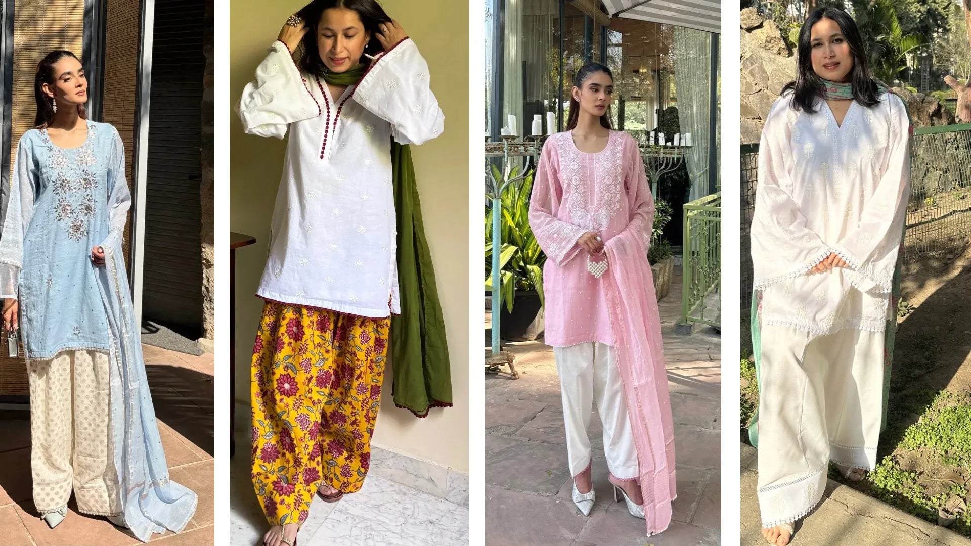 Woman wearing a white cotton farshi salwar suit set with soft embroidery and a contrast ferozi block print dupatta