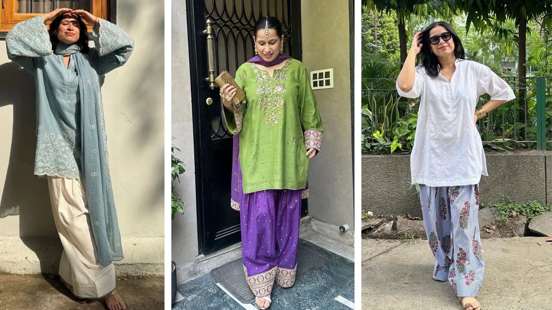Three Raksha Bandhan dress options from Pyoor, including an embroidered Kota farshi salwar set, a Haya green mukaish hand-embroidered suit, and a Jasmine striped farshi salwar set