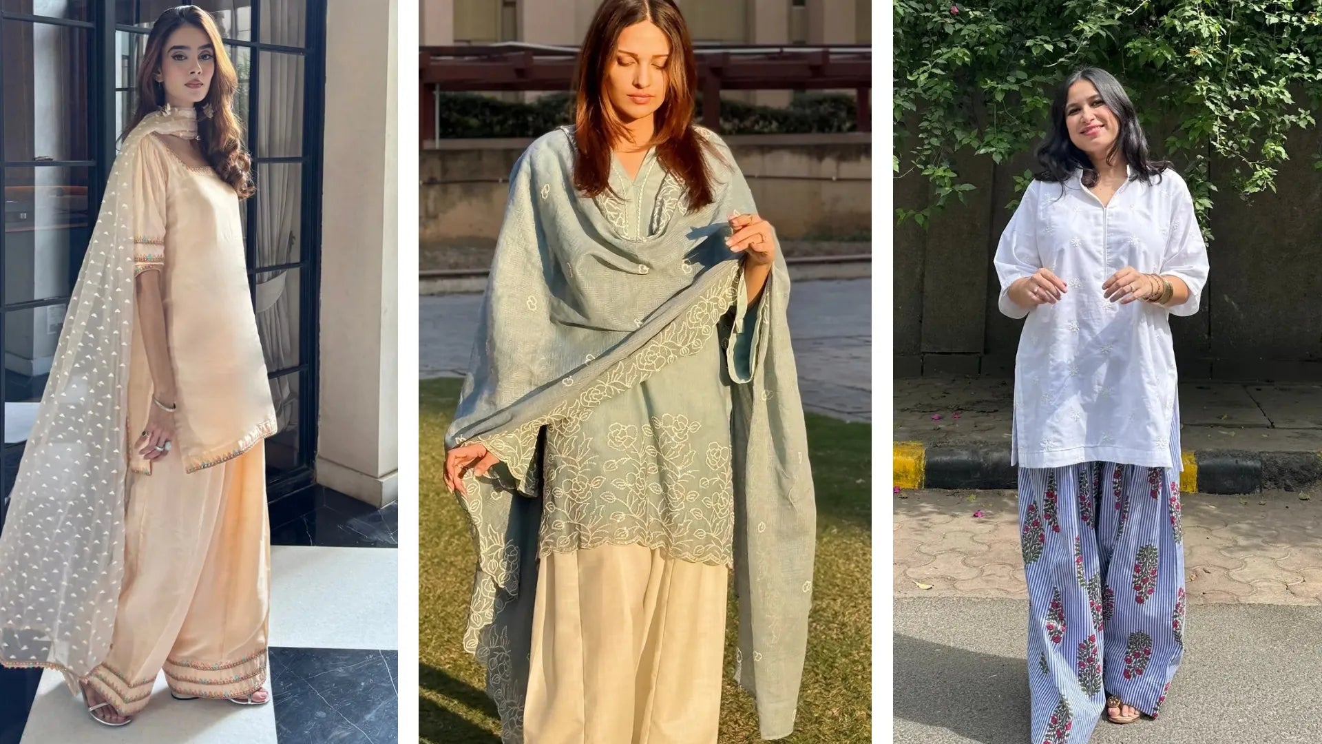 Rakshabandhan dress for women collection featuring an embroidered greyish blue Kota farshi suit, a peach Upada silk farshi set, and a white striped cotton farshi salwar suit from Pyoor's Rakhi suits for women