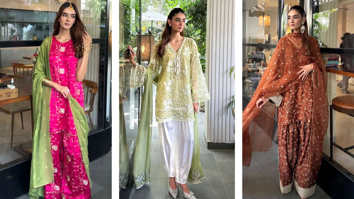 Woman wearing a farshi diwali suit set with embroidered dupatta