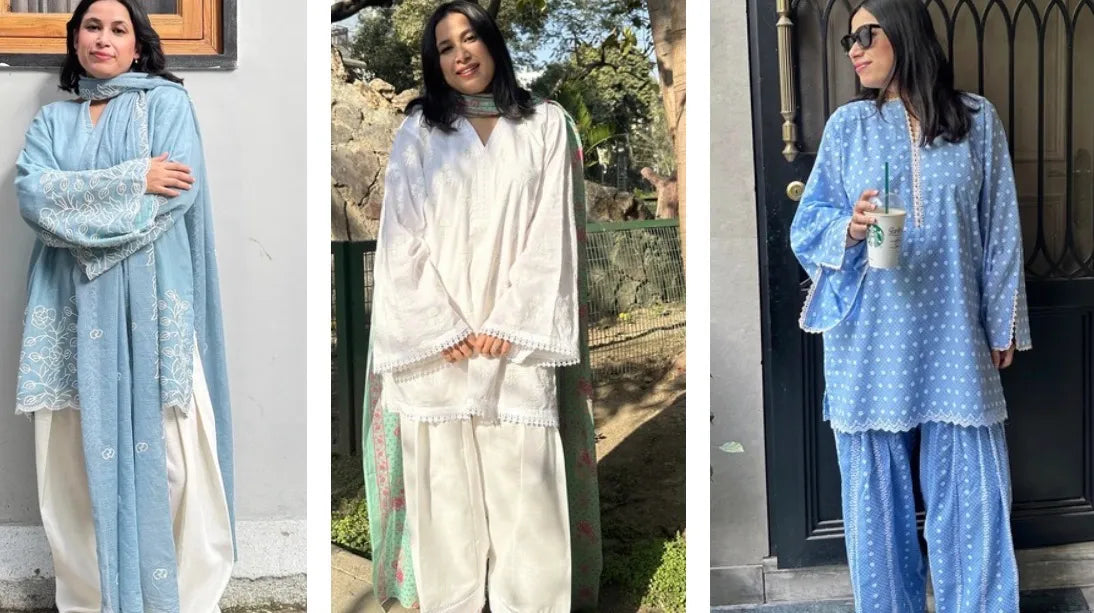 	Woman wearing an oversized farshi salwar suit for women with a flowing dupatta