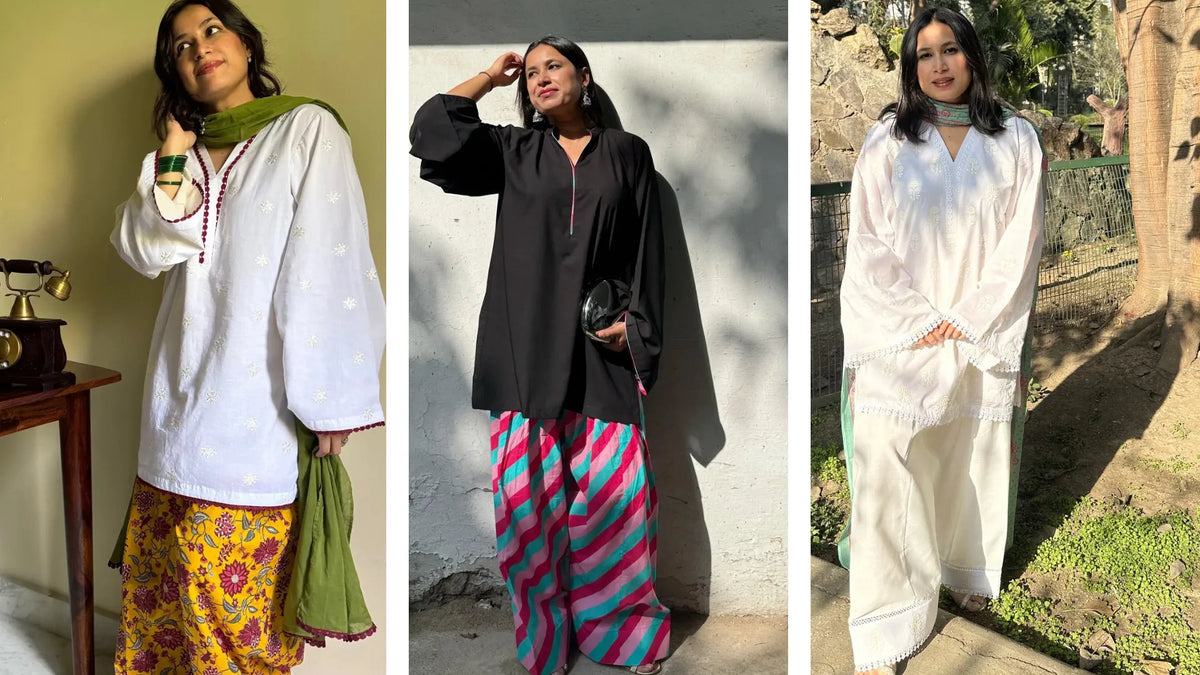 Woman wearing an oversized farshi suit with flowing salwar and embroidered kurta