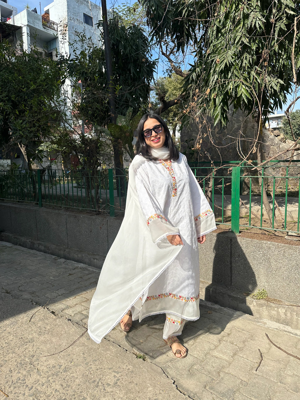 Afreen White Embroidered Kurta Set Long by Pyoor with colorful embroidery on cotton fabric.