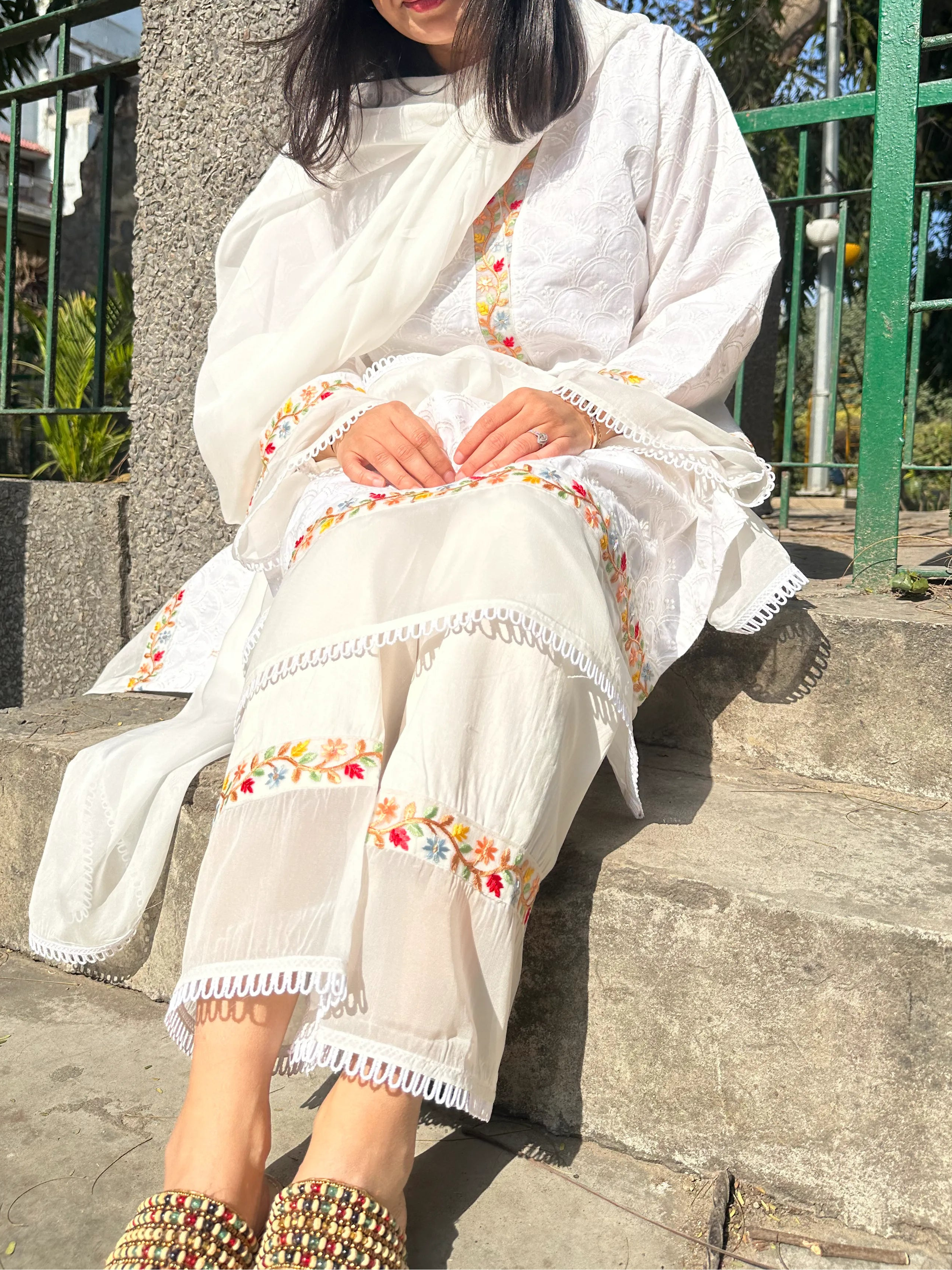 Pyoor Afreen White Embroidered Kurta Set Long featuring organza dupatta and embroidered details.
