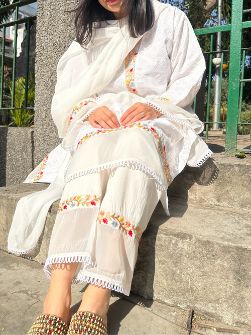 Pyoor Afreen White Embroidered Kurta Set Long featuring organza dupatta and embroidered details.