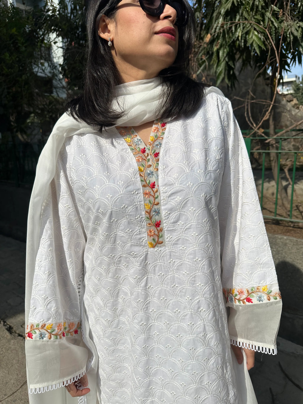 Elegant Afreen White Embroidered Kurta Set Long by Pyoor with embroidered neck, sleeves, and pants