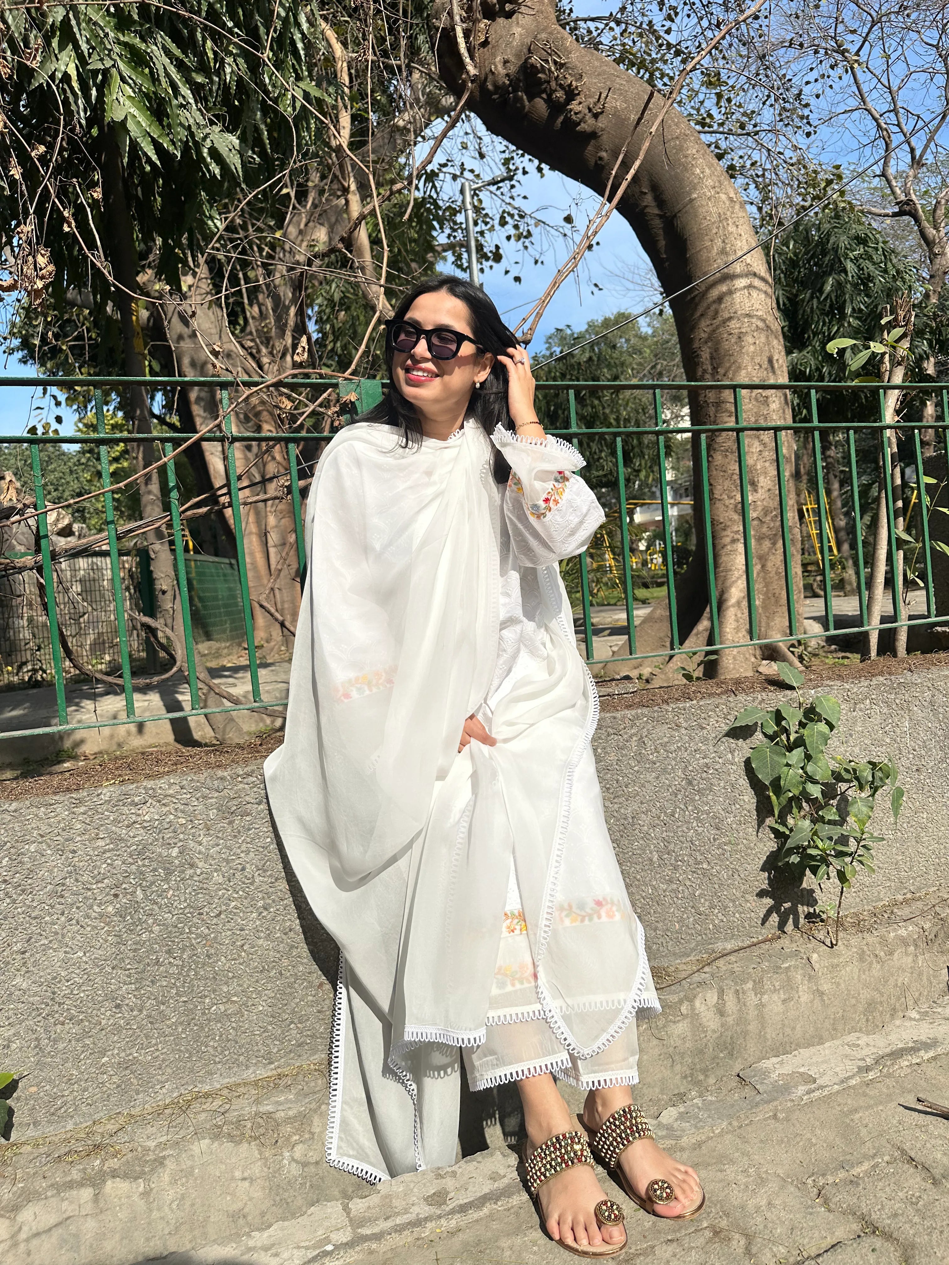 Afreen White Embroidered Kurta Set Long by Pyoor – Cotton fabric with intricate embroidery design.
