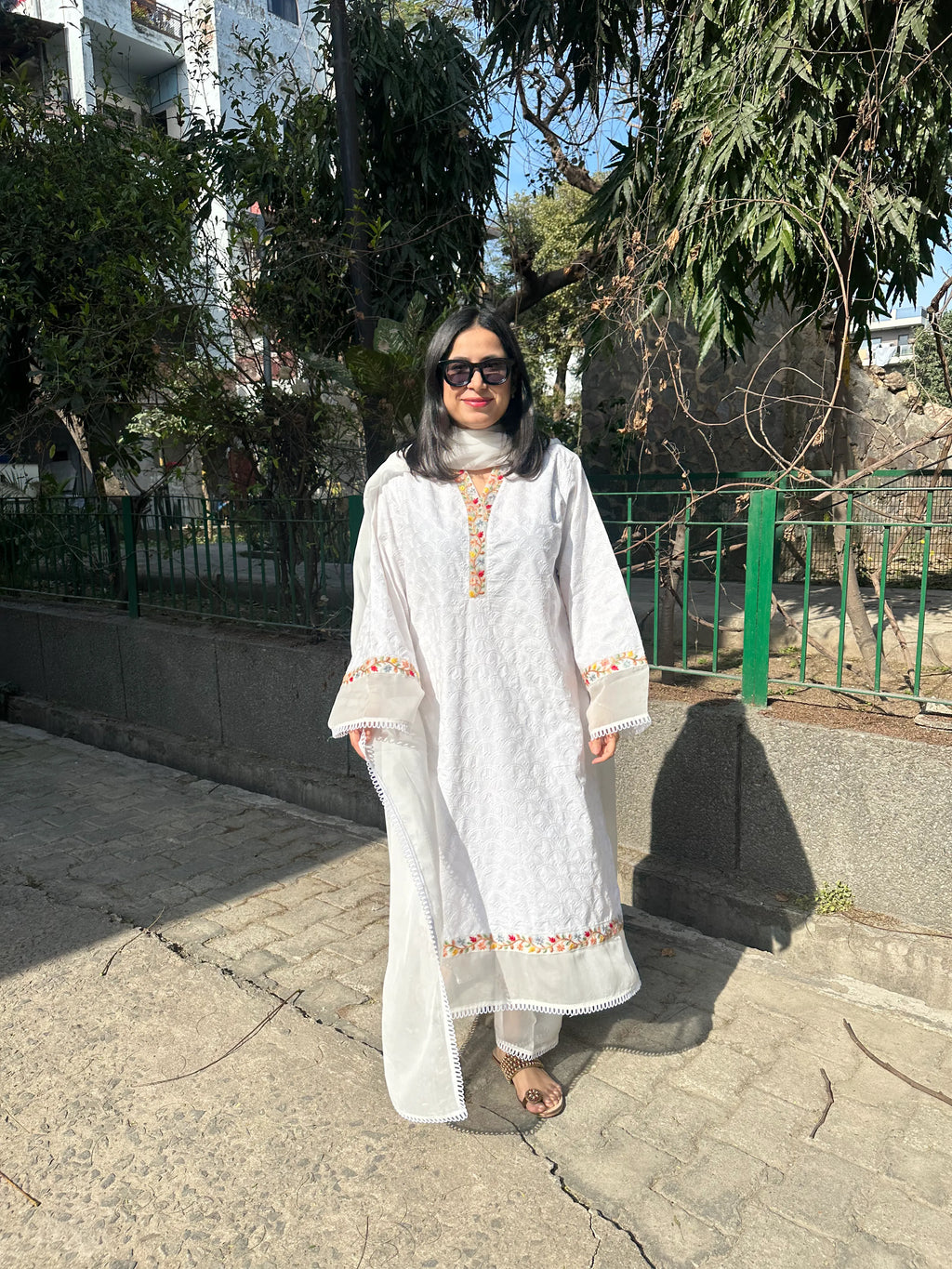 Pyoor’s Afreen White Embroidered Kurta Set Long – Cotton set with embroidered design and dupatta.