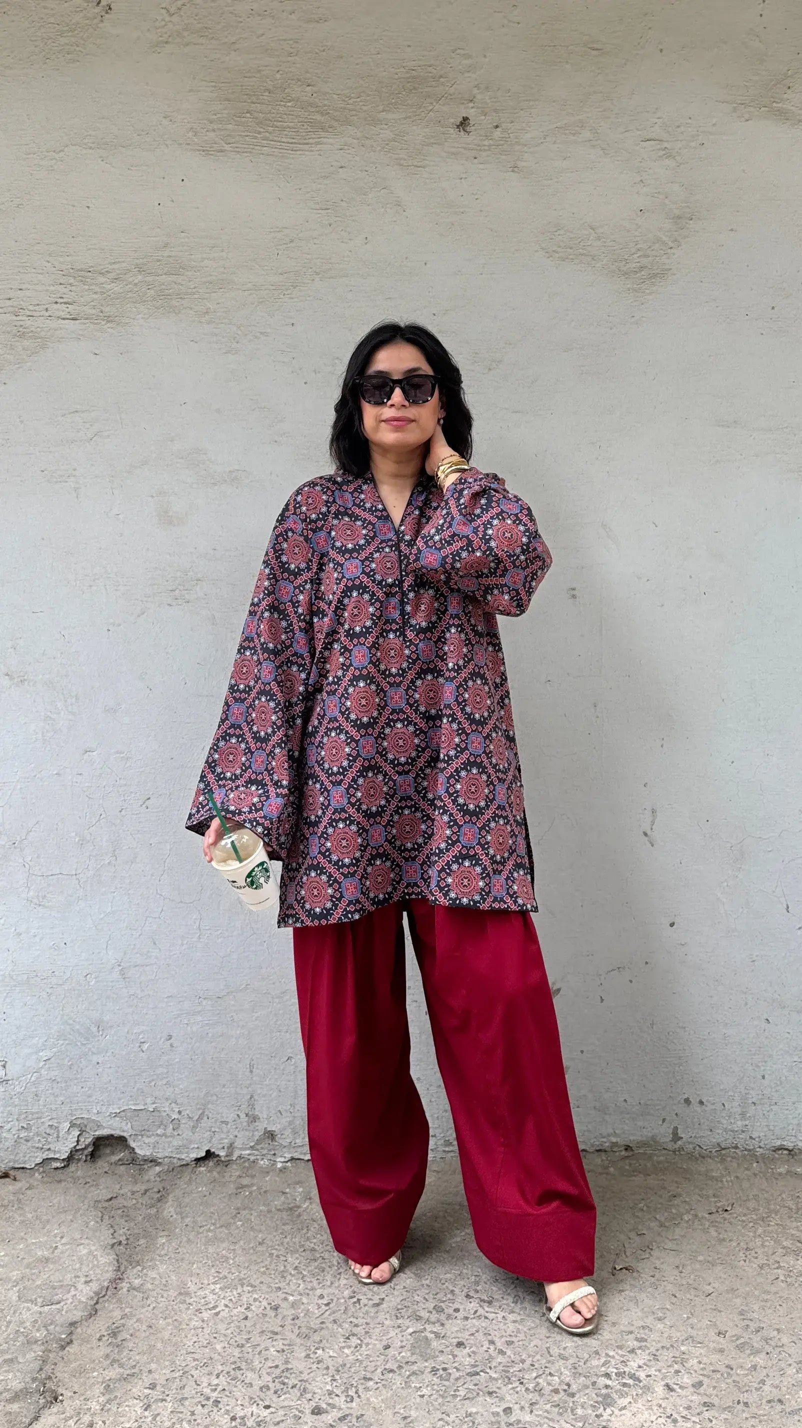 Pyoor Ajrak Farshi Salwar Suit Set featuring traditional Ajrak print and contrast red salwar.