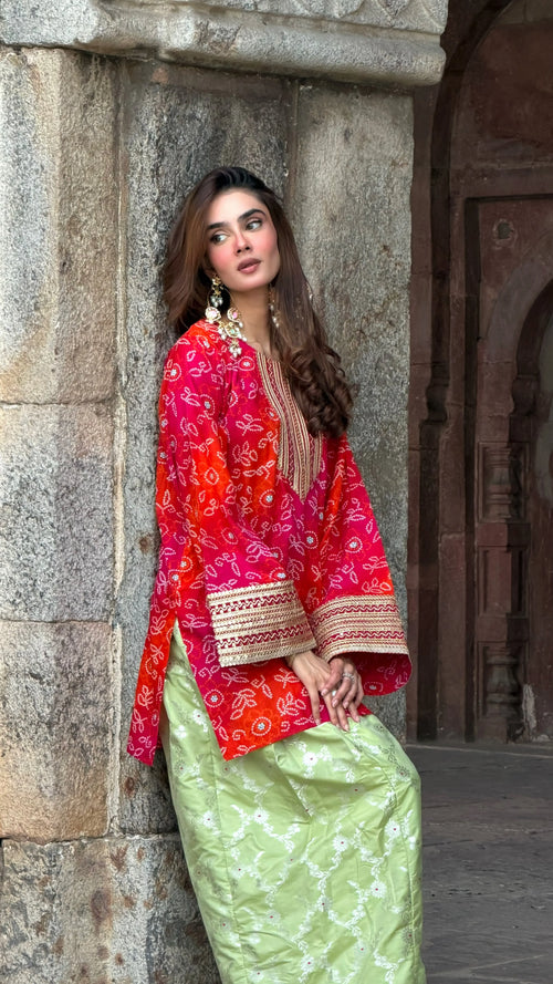 Alia Bandhani Farshi Set by Pyoor with a cotton Bandhani kurta and brocade salwar