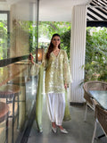 Amelia Coral Green Balloon Set by Pyoor with embroidered net kurta and satin balloon salwar