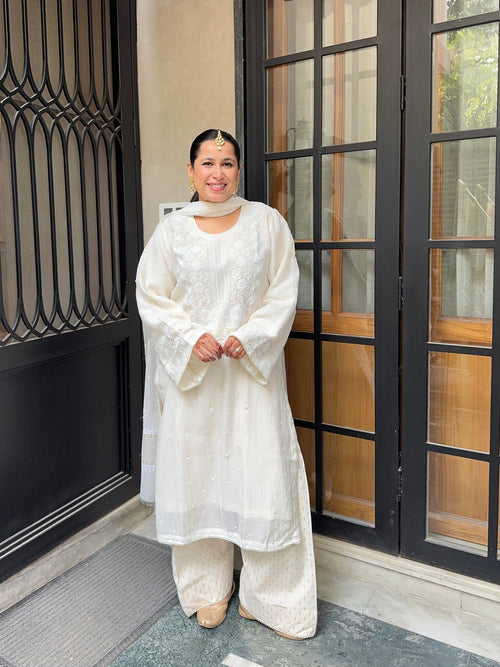 Amreen Hand Embroidered Farshi Set from Pyoor featuring intricate chikankari craftsmanship.