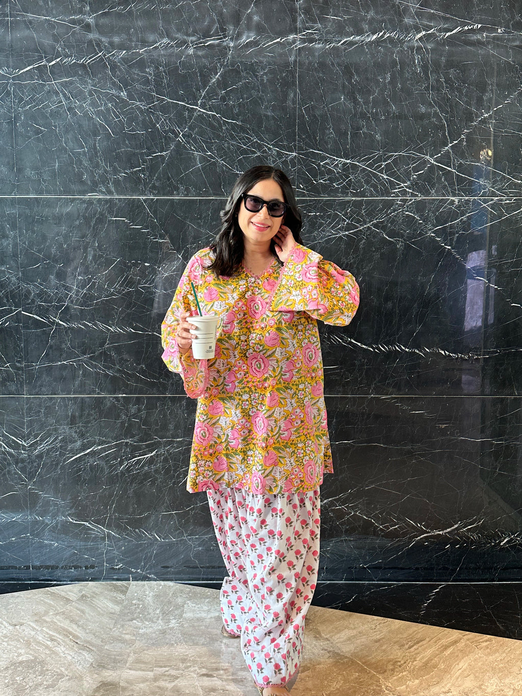 Apricot Farshi Set by Pyoor in soft cotton with orange block print details