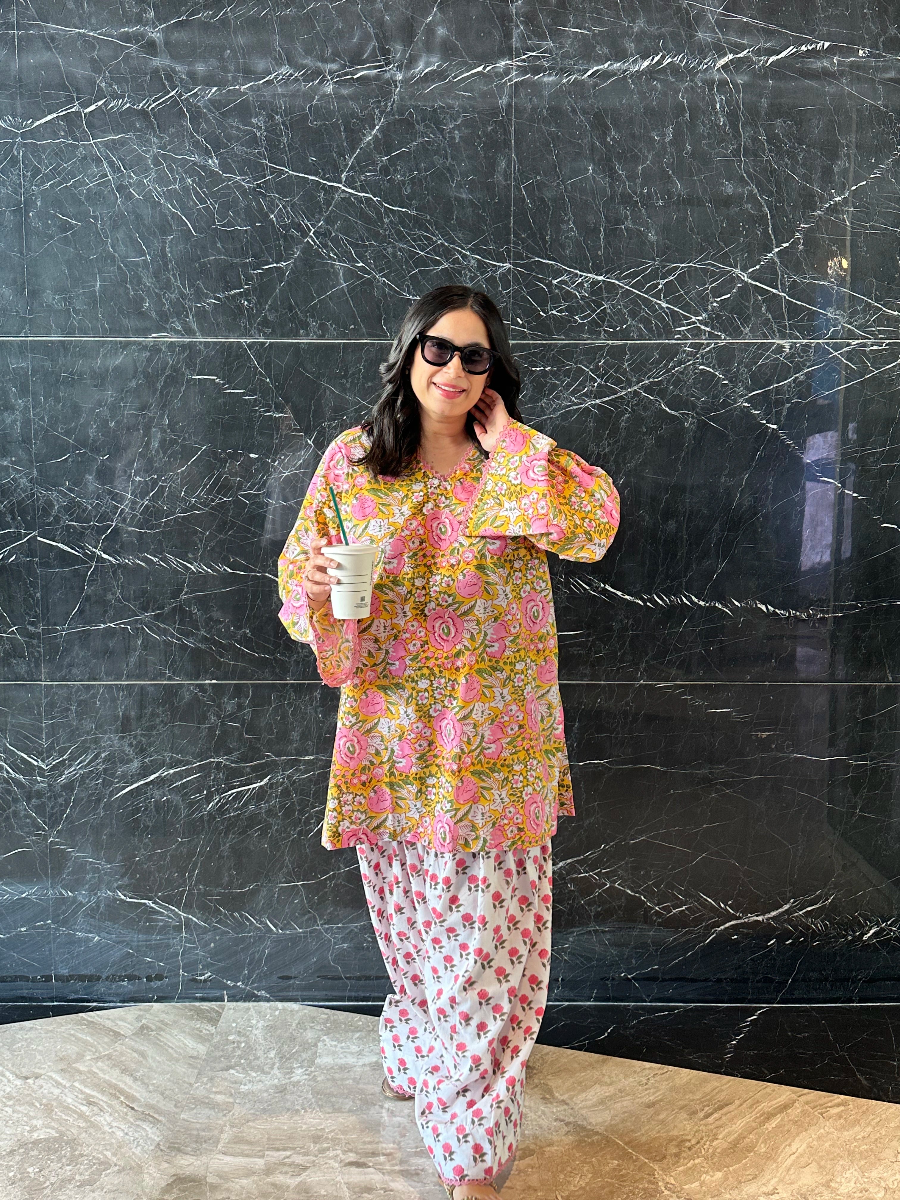 Apricot Farshi Set by Pyoor in soft cotton with orange block print details