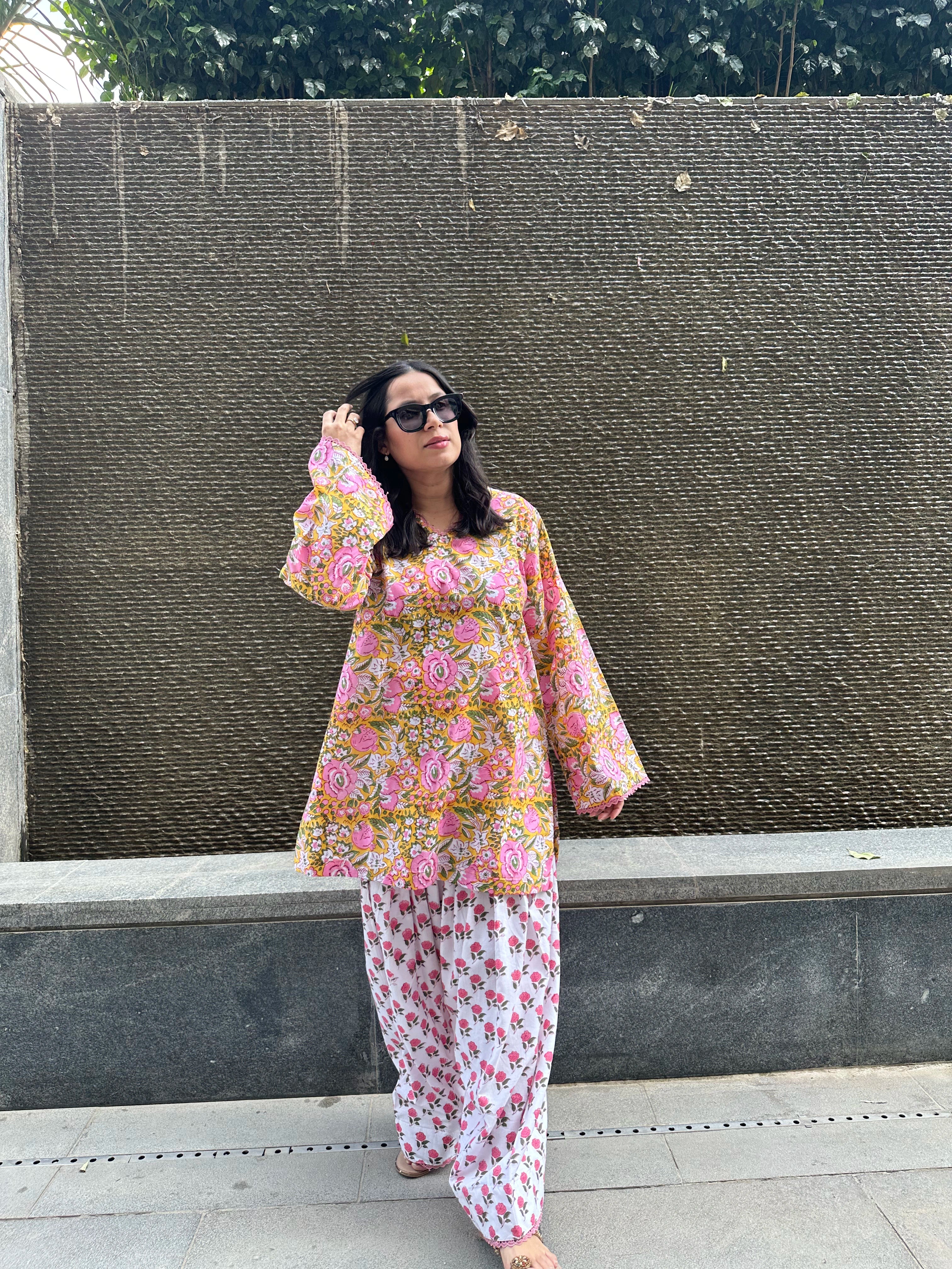 Apricot Farshi Set by Pyoor featuring a cotton kurta and farshi salwar