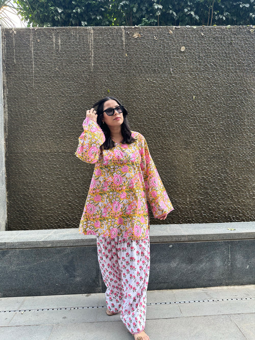 Apricot Farshi Set by Pyoor featuring a cotton kurta and farshi salwar