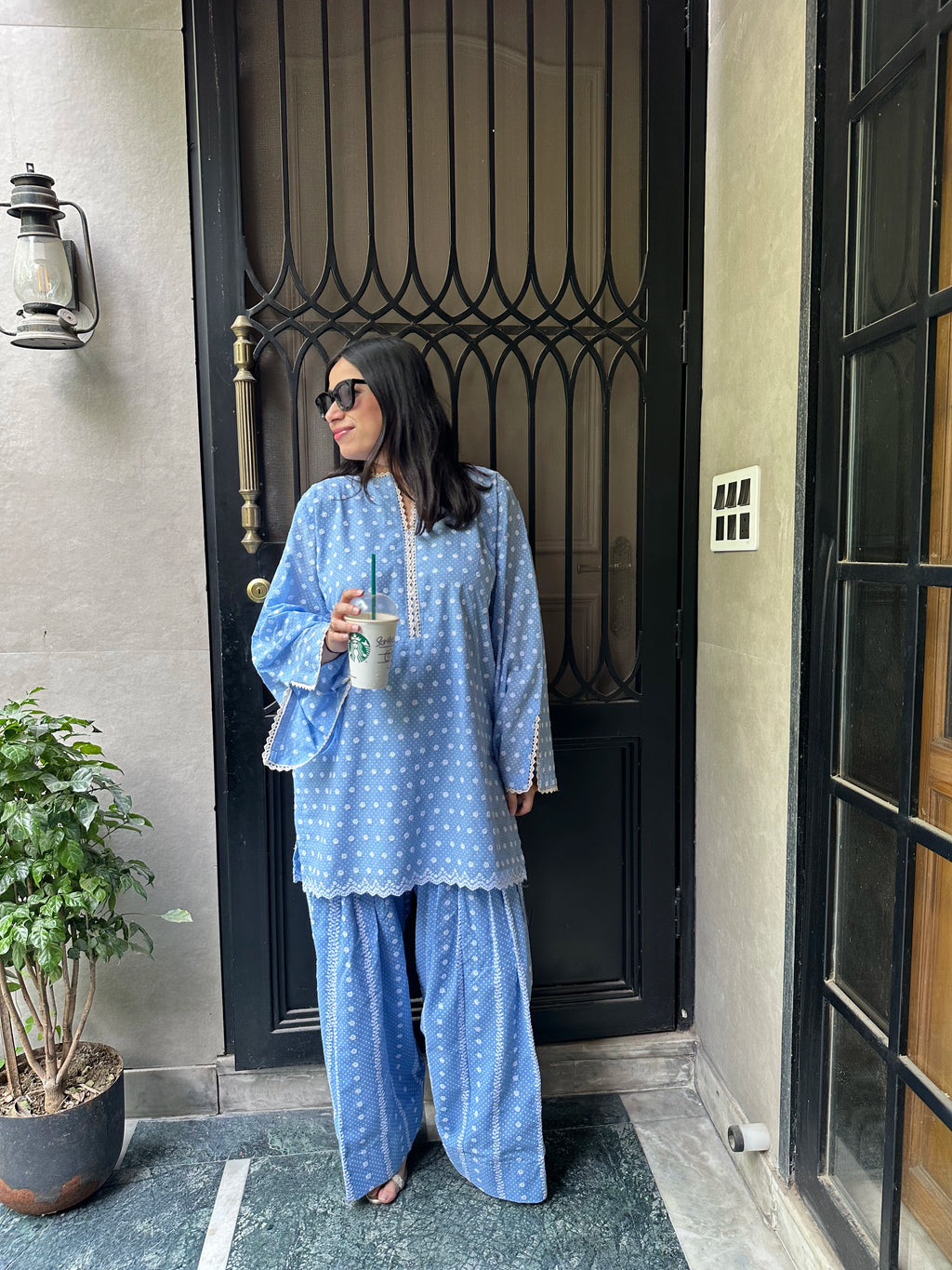 Ayza Chikankari Farshi Set by Pyoor with pastel blue chikankari work and pockets