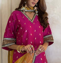 Bahaar Colorblock Brocade Set with Dupatta in Rani Pink brocade, Pyoor