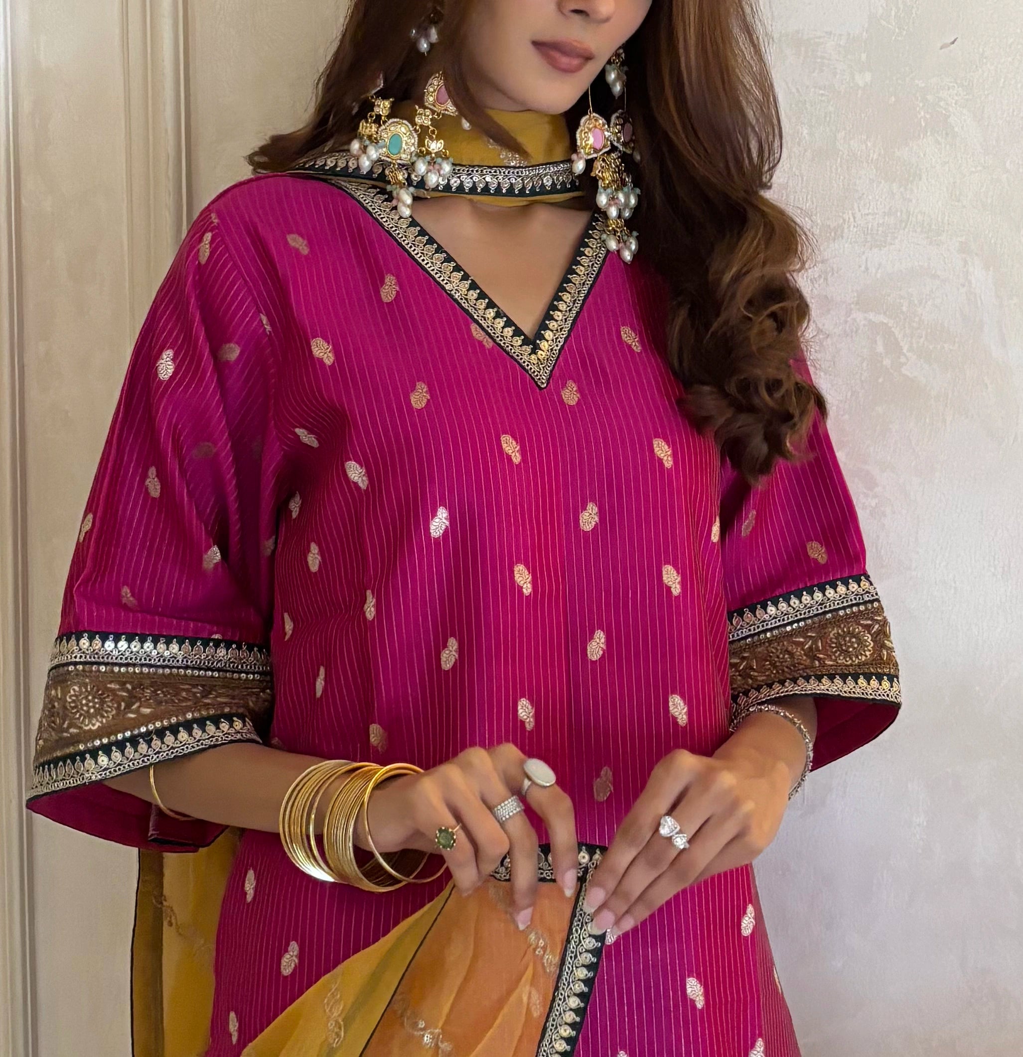 Bahaar Colorblock Brocade Set with Dupatta in Rani Pink brocade, Pyoor