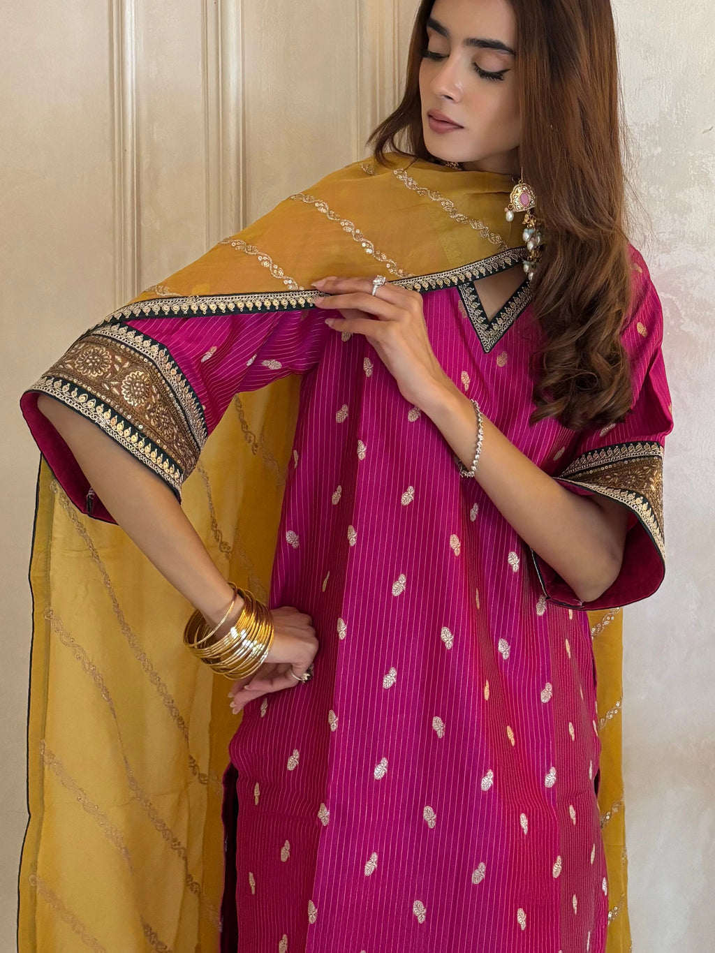 Bahaar Colorblock Brocade Set with Dupatta, a Rani Pink and blue ensemble