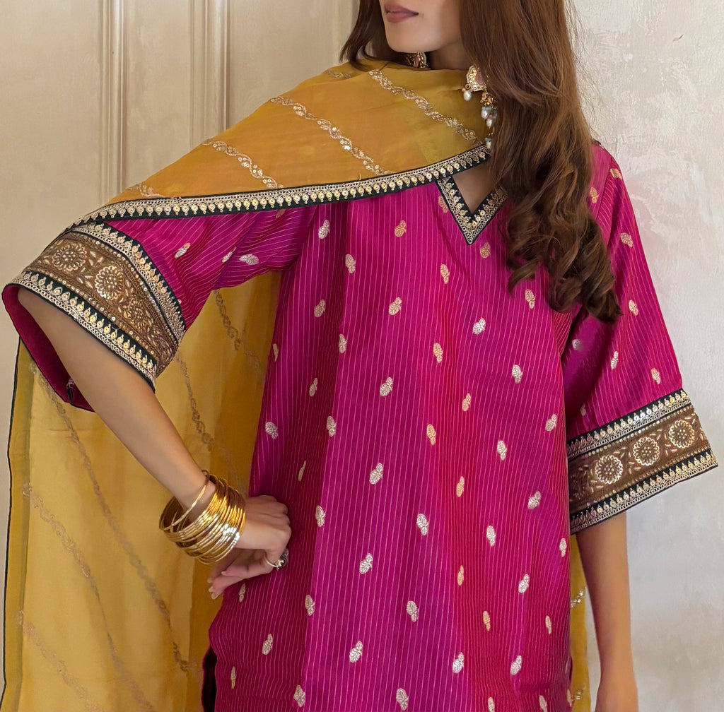 Pyoor's Bahaar Colorblock Brocade Set with Dupatta and blue farshi salwar