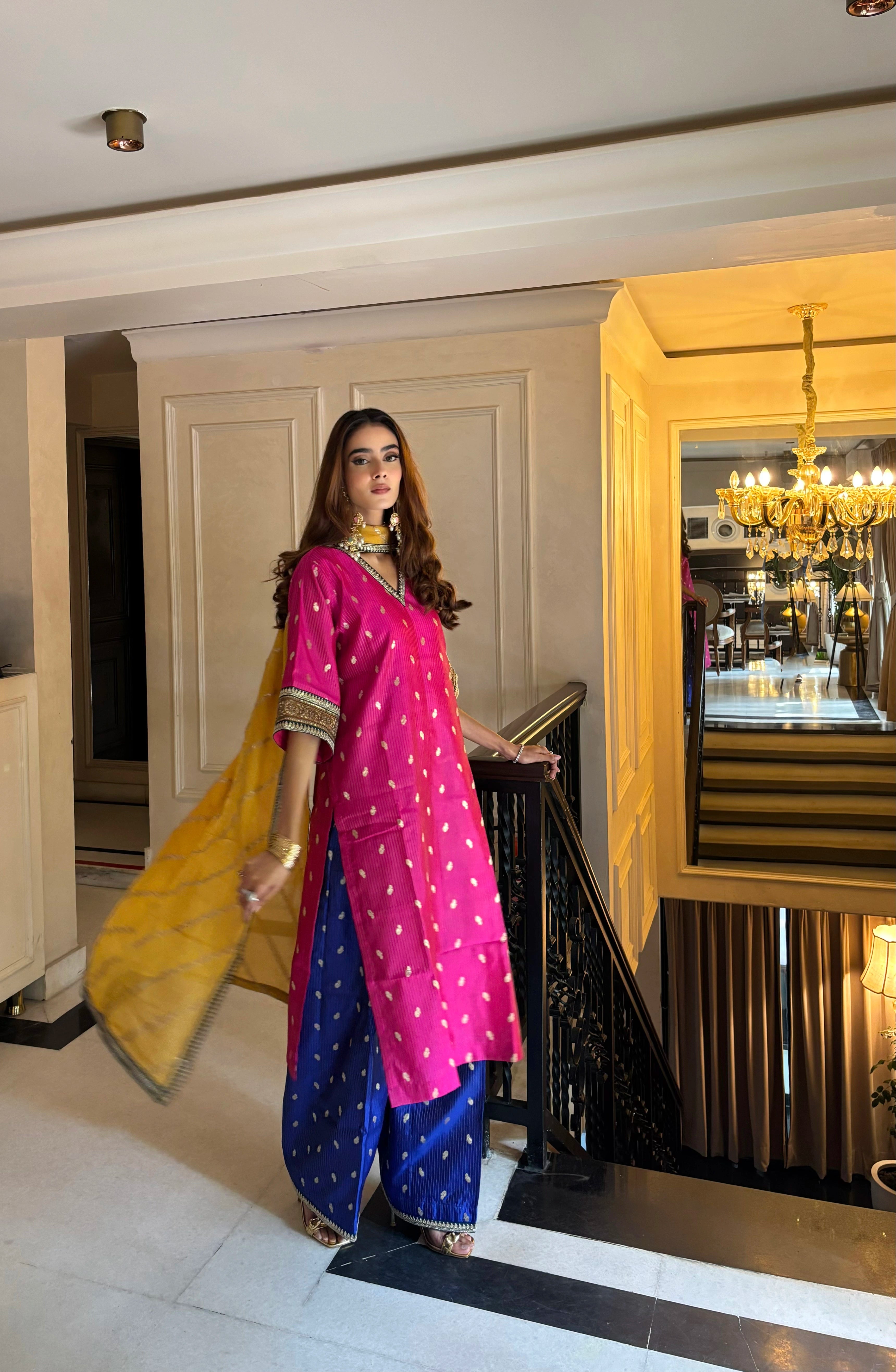 Bahaar Colorblock Brocade Set with Dupatta, lace neck and sleeve detailing