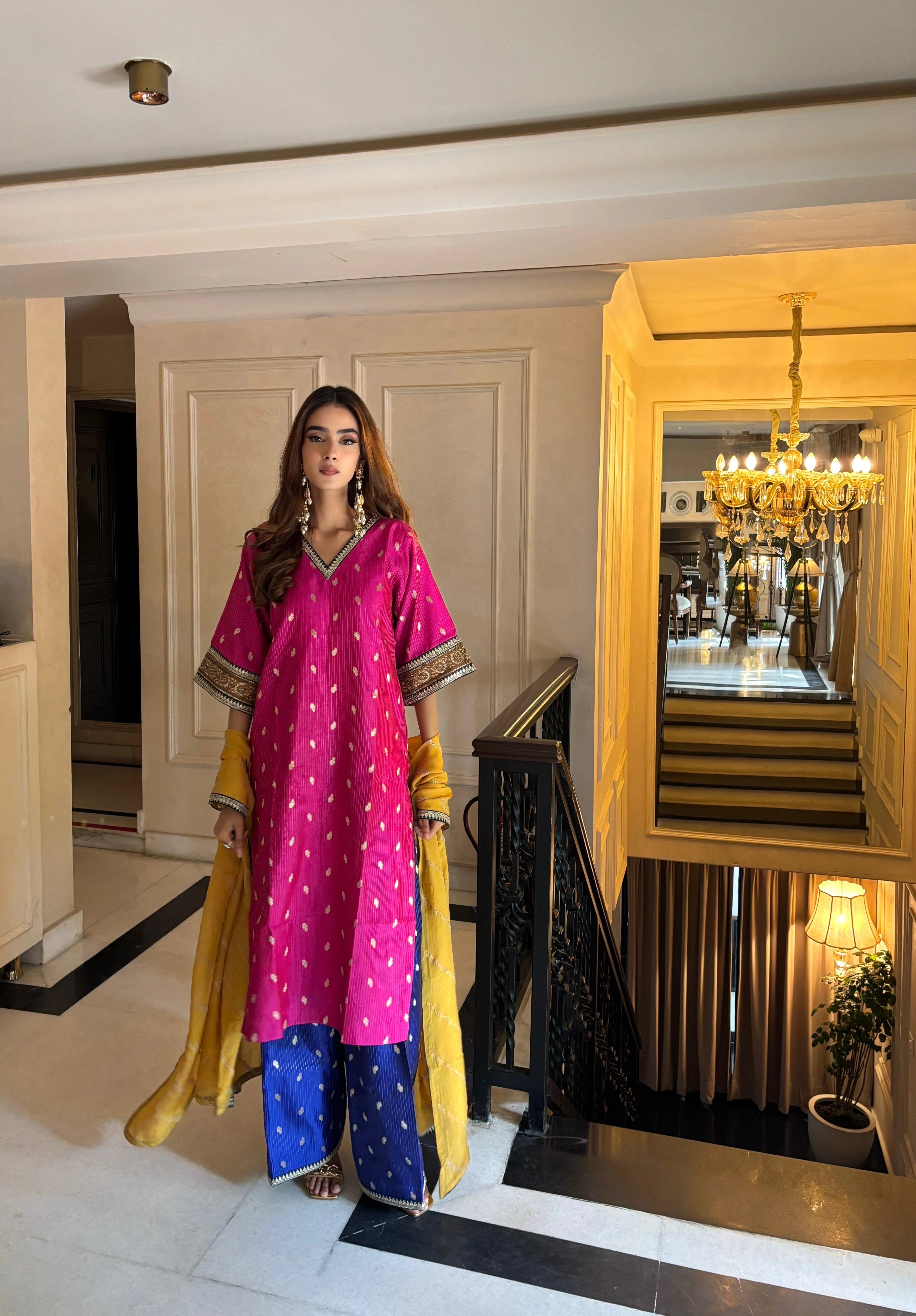 Pyoor Bahaar Colorblock Brocade Set with Dupatta in a fully lined loose fit