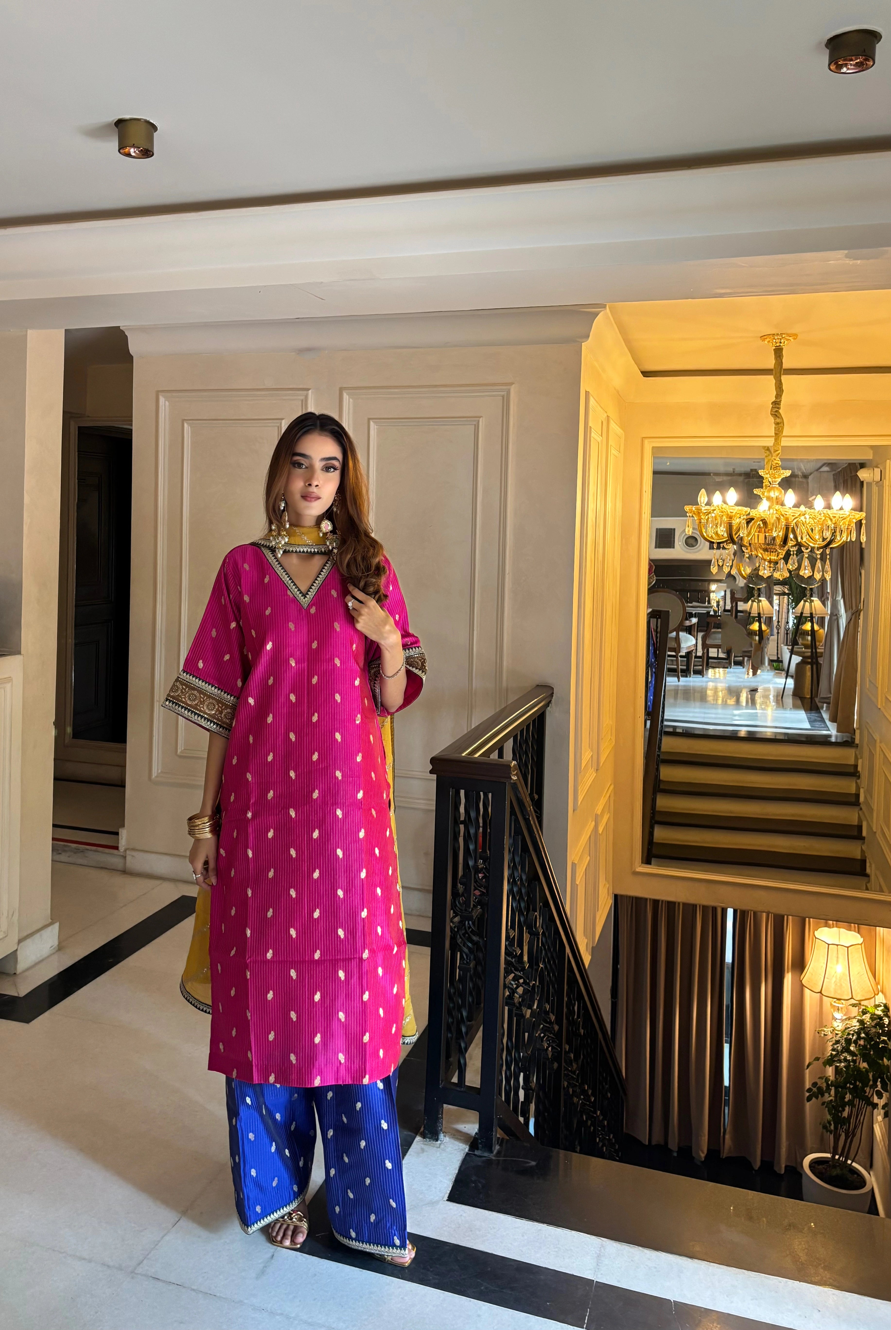 Bahaar Colorblock Brocade Set with Dupatta showing colorblock farshi salwar
