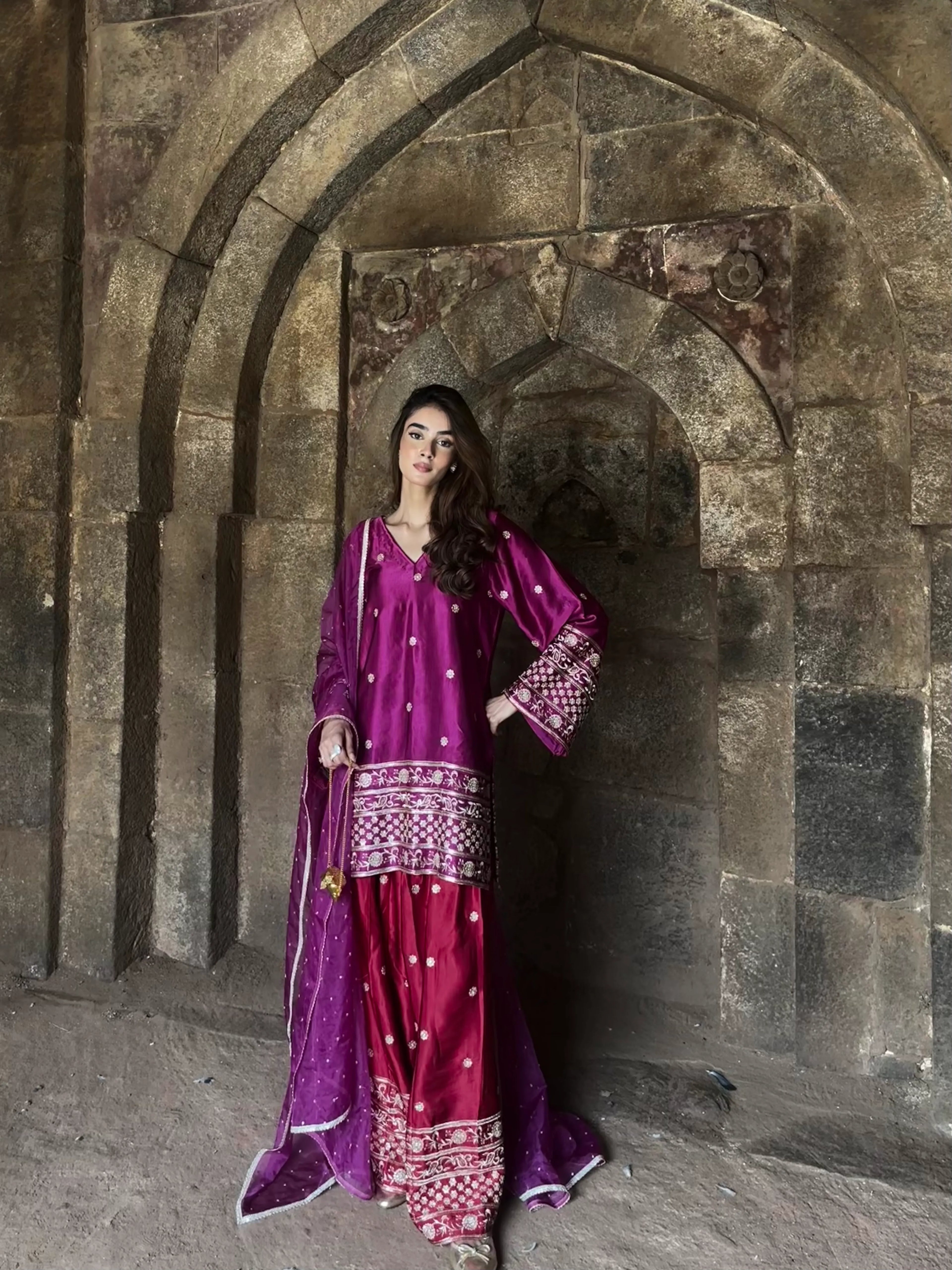 Begum Gaji Silk Farshi Set by Pyoor in rich purple and red Gaji Silk fabric