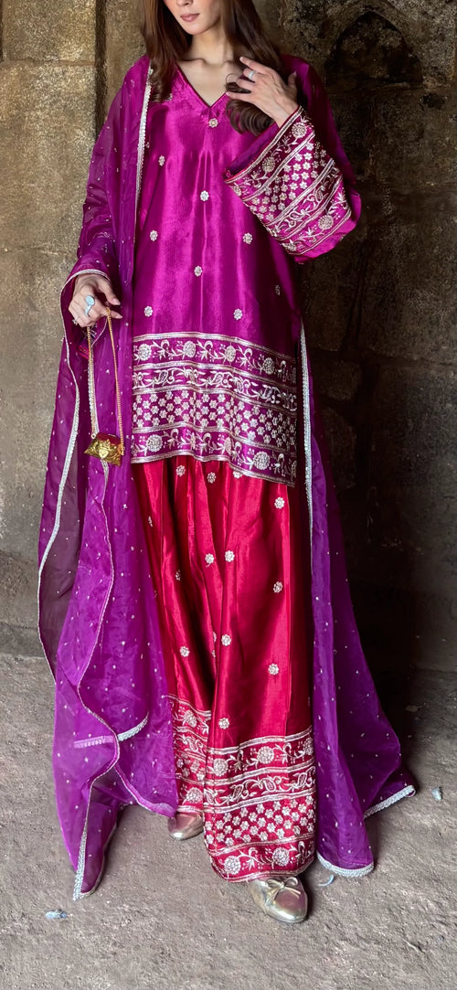 Begum Gaji Silk Farshi Set by Pyoor with embroidered sleeves and matching salwar