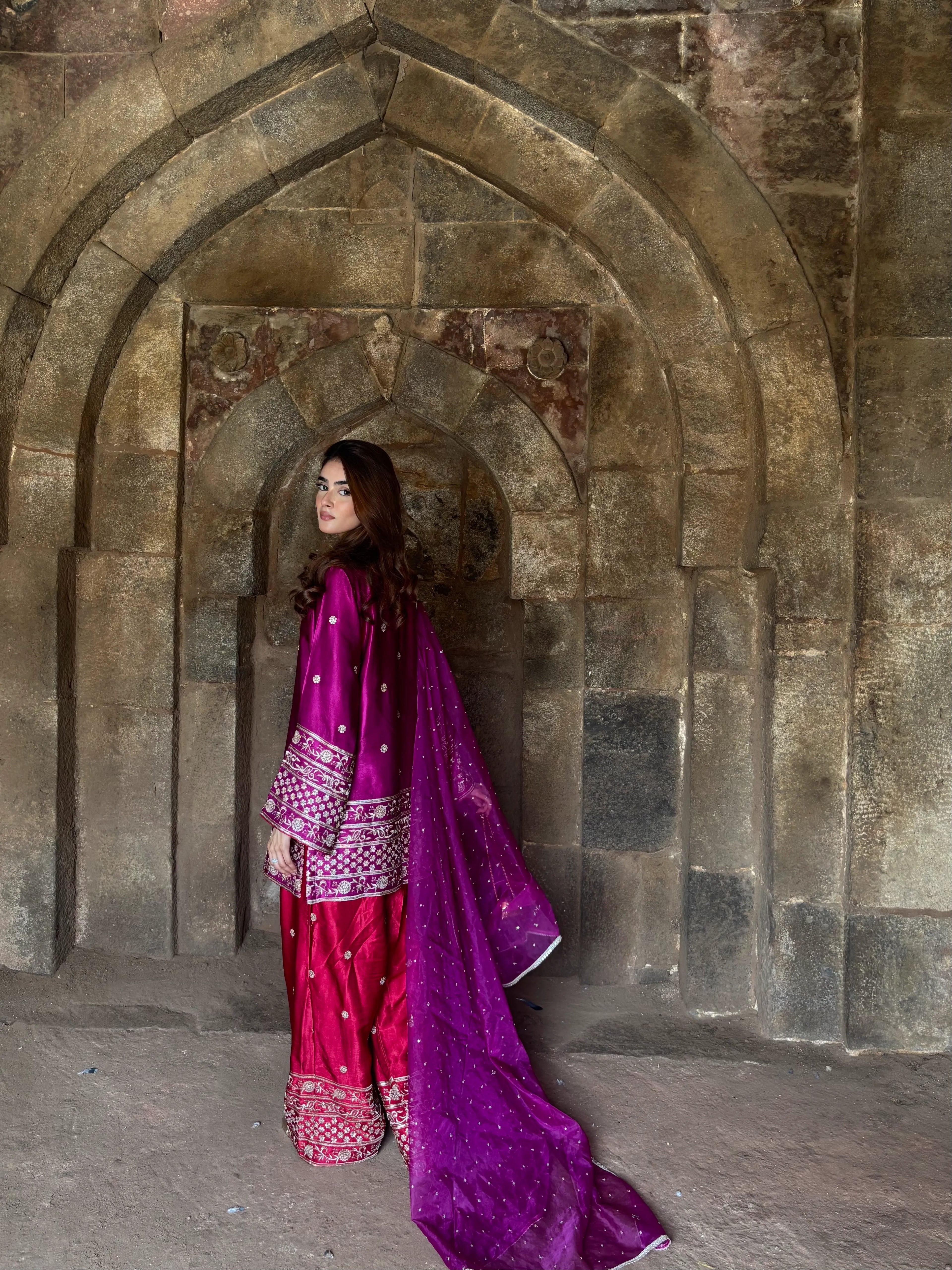 Begum Gaji Silk Farshi Set by Pyoor featuring an organza embroidered booty dupatta
