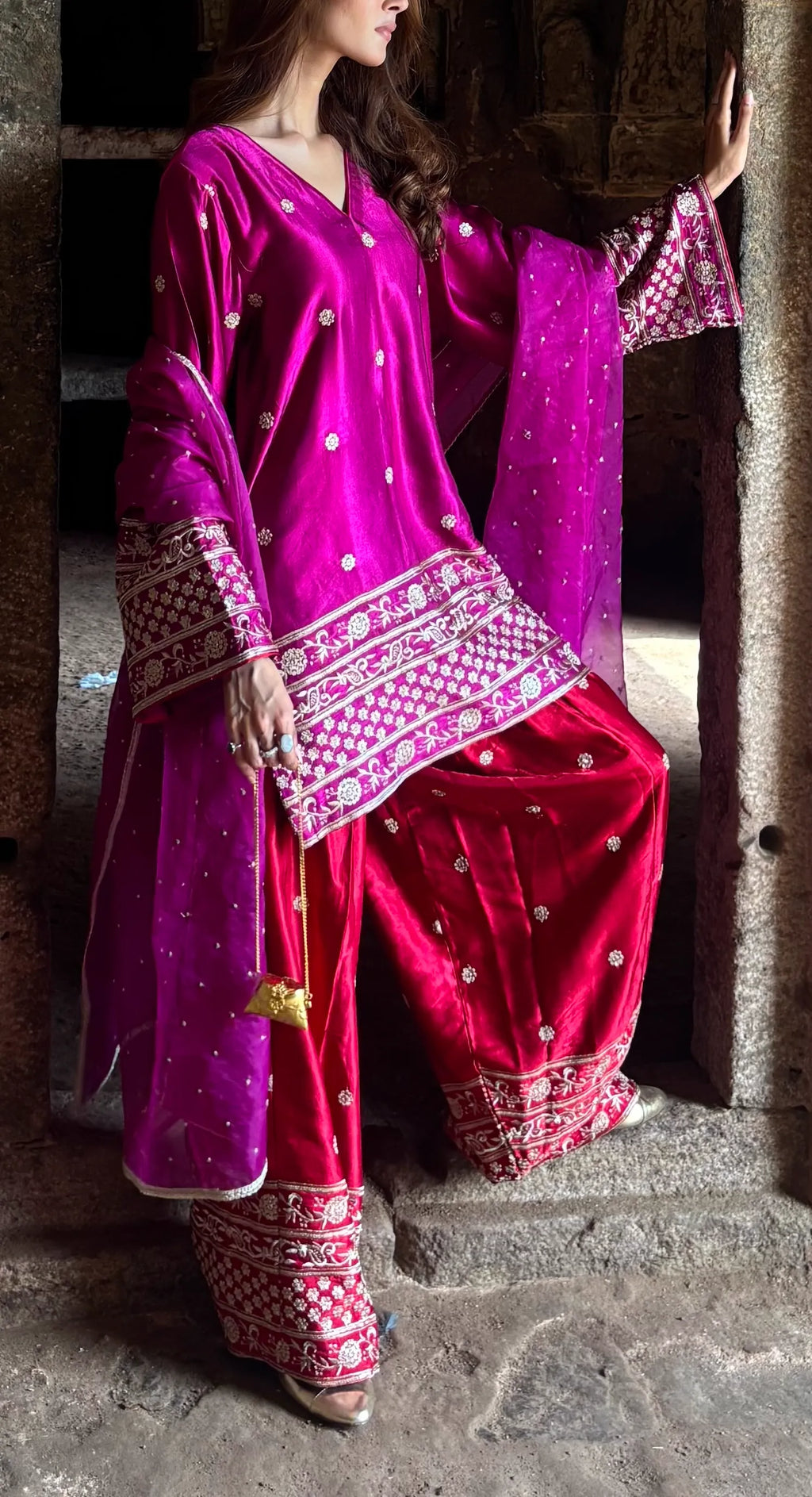 Begum Gaji Silk Farshi Set by Pyoor with delicate embroidery on sleeves and salwar
