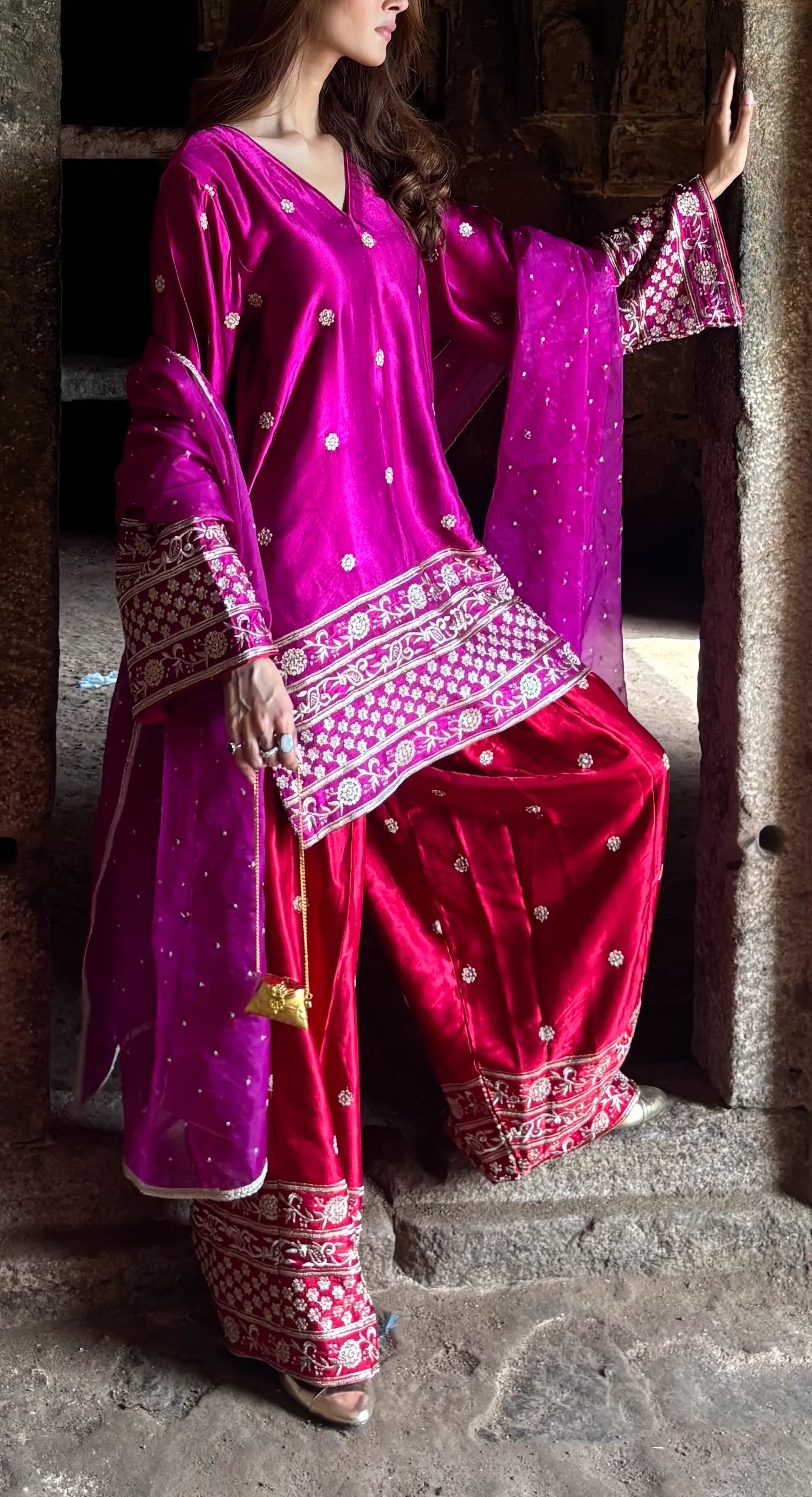 Begum Gaji Silk Farshi Set by Pyoor with delicate embroidery on sleeves and salwar