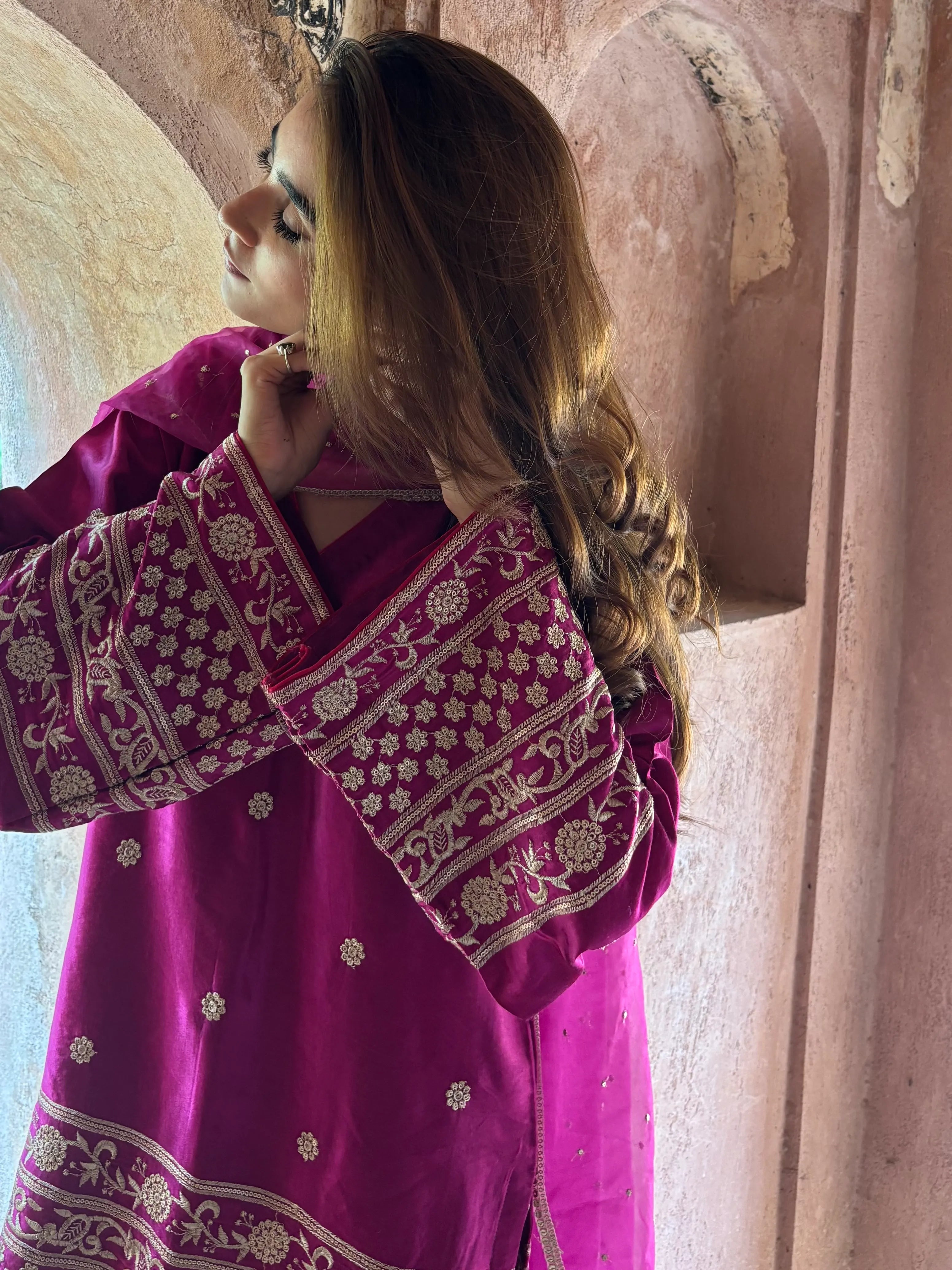 Begum Gaji Silk Farshi Set by Pyoor featuring elegant bell sleeves
