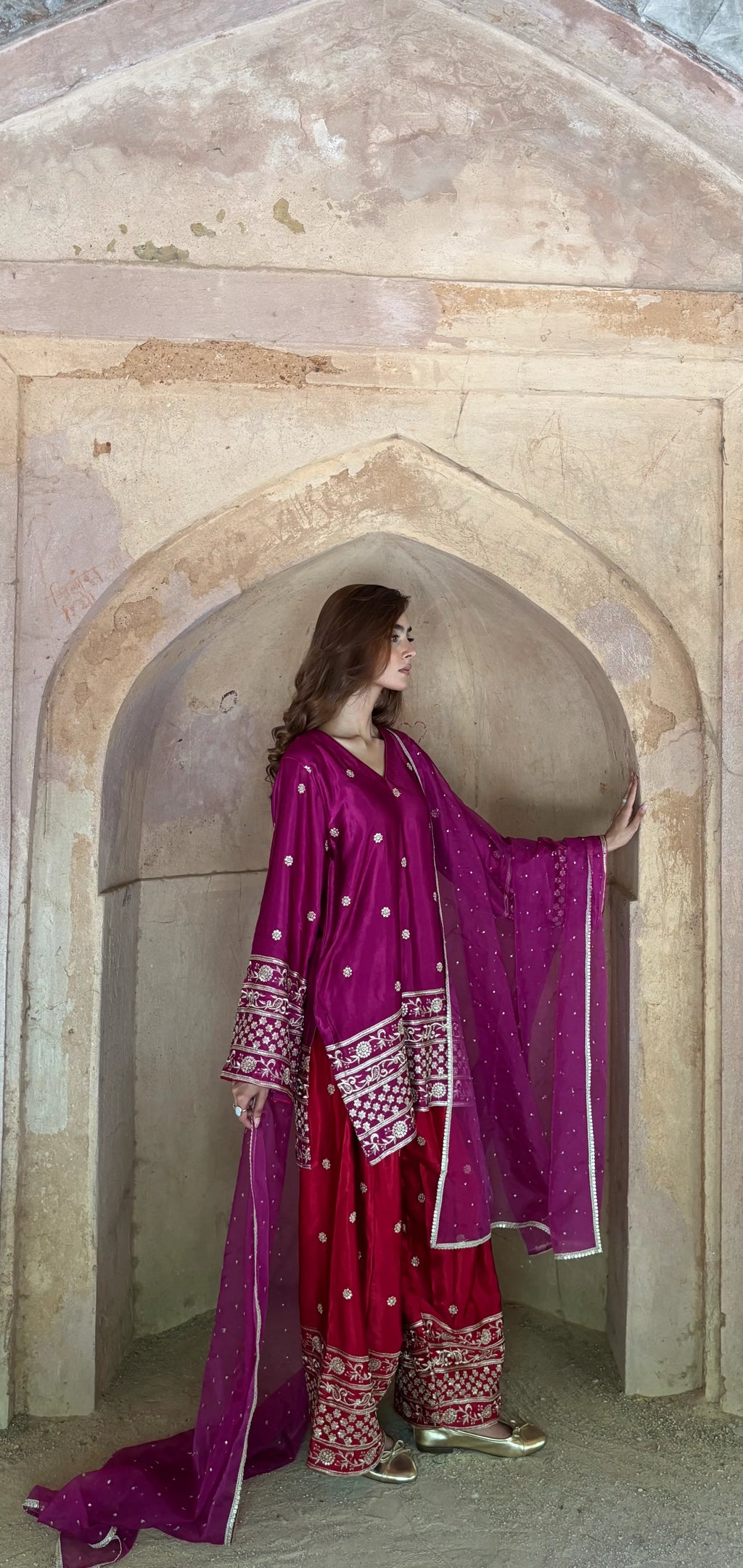 Begum Gaji Silk Farshi Set by Pyoor showcasing festive embroidery details