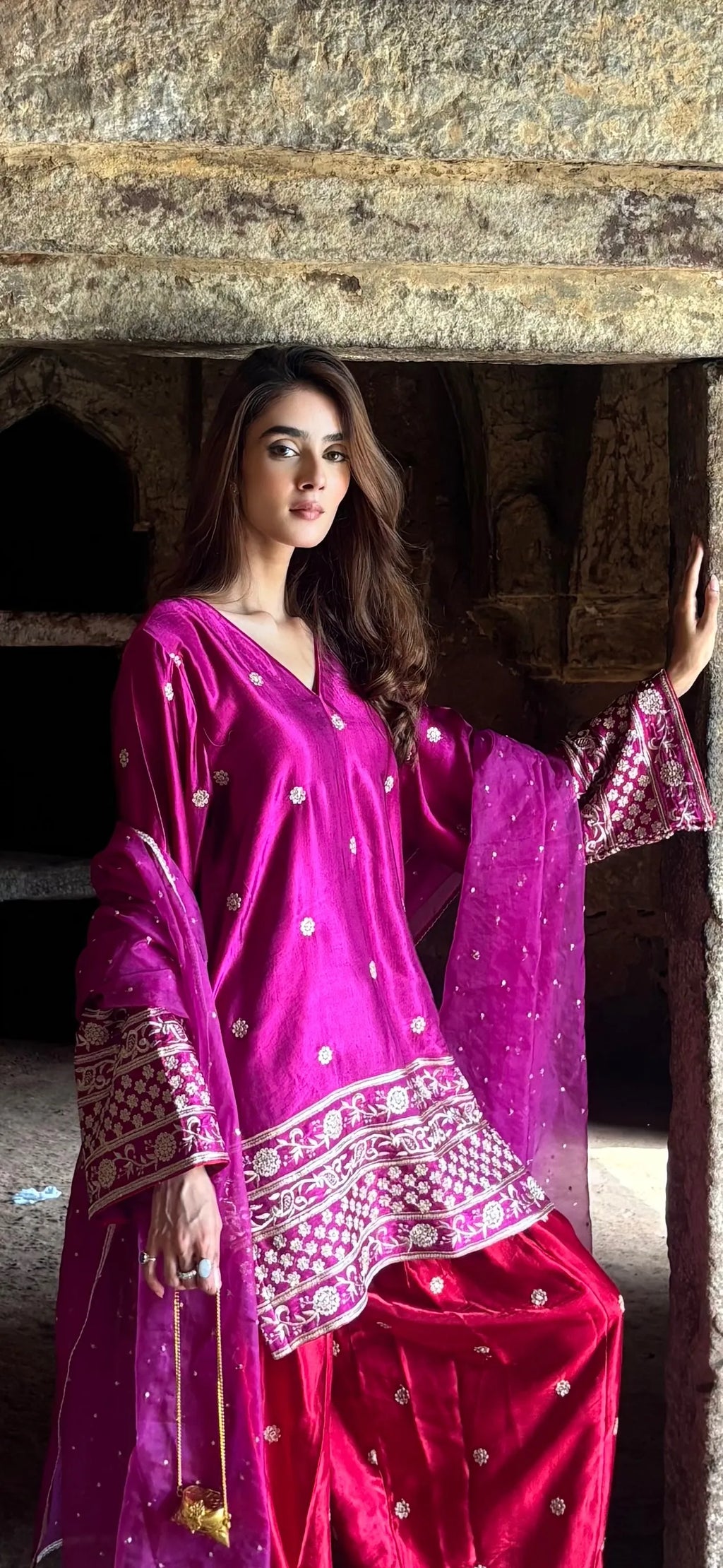Begum Gaji Silk Farshi Set by Pyoor with a beautifully embroidered organza dupatta