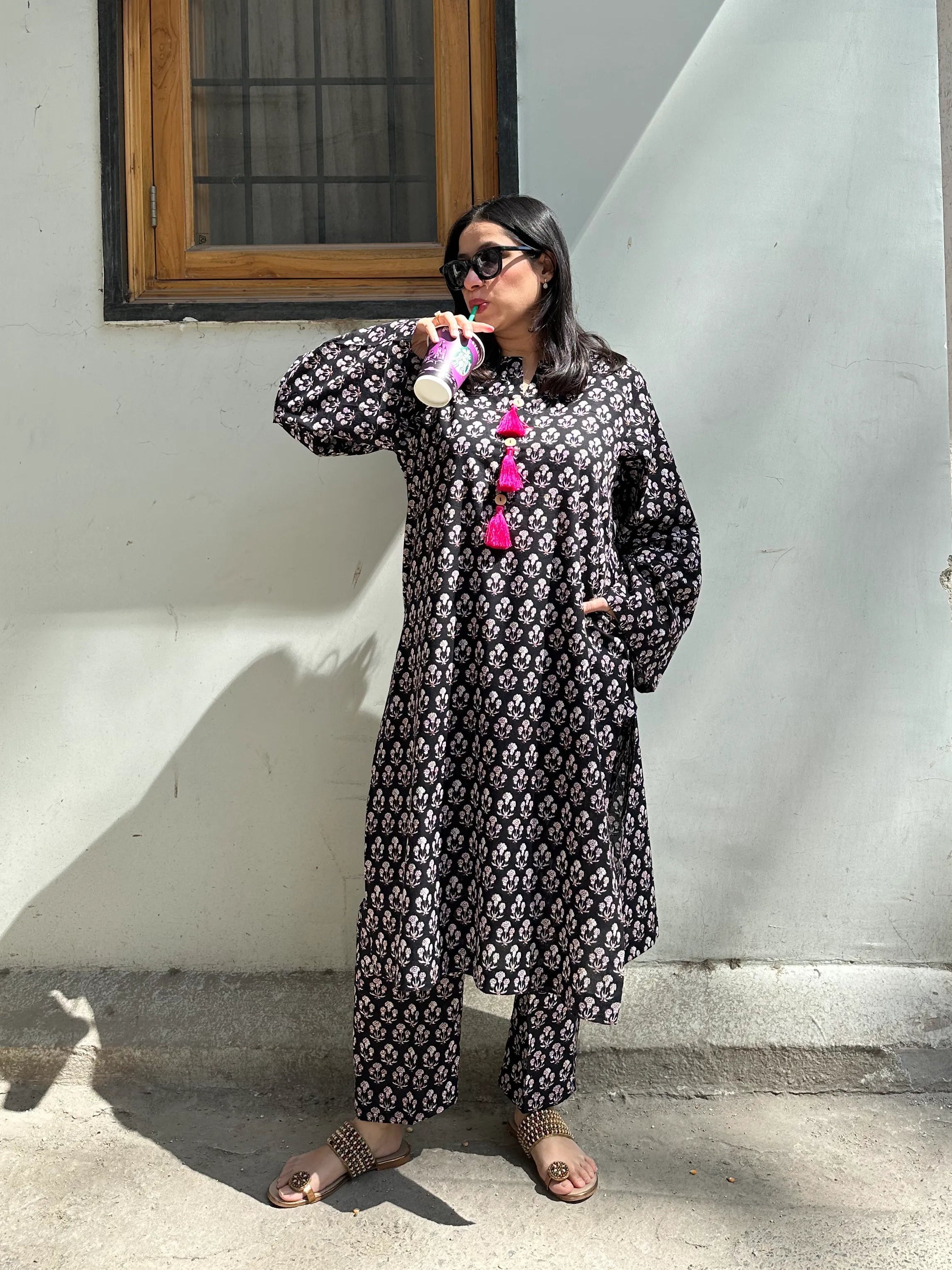 Black Block Print Co-ord Set by Pyoor in soft cotton with relaxed oversized fit and pockets