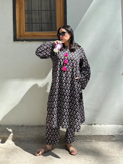 Black Block Print Co-ord Set by Pyoor in soft cotton with relaxed oversized fit and pockets
