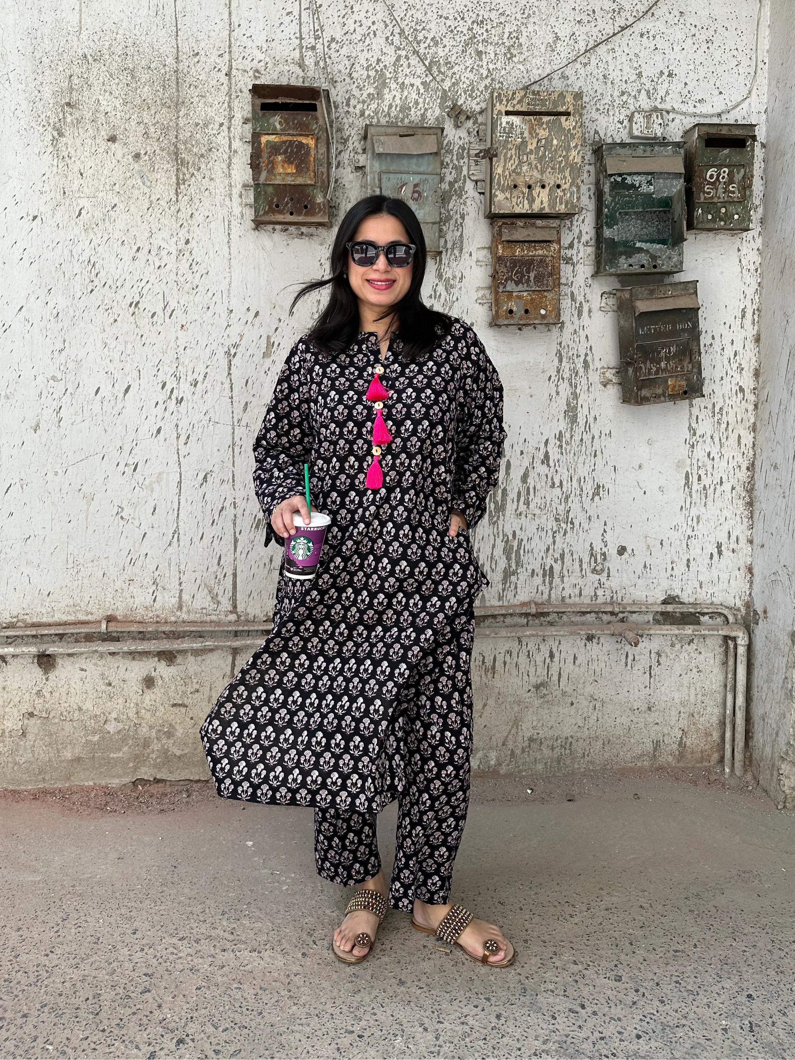 Black Block Print Co-ord Set Pyoor cotton kurta set designed for easy and comfortable summer wear