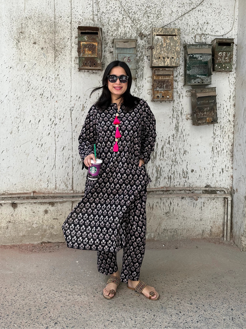 Black Block Print Co-ord Set Pyoor cotton kurta set designed for easy and comfortable summer wear