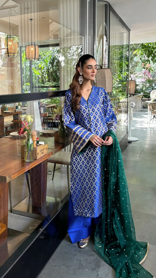 Pyoor Blue Brocade Wedding Suit with brocade kurta and banarasi silk salwar.